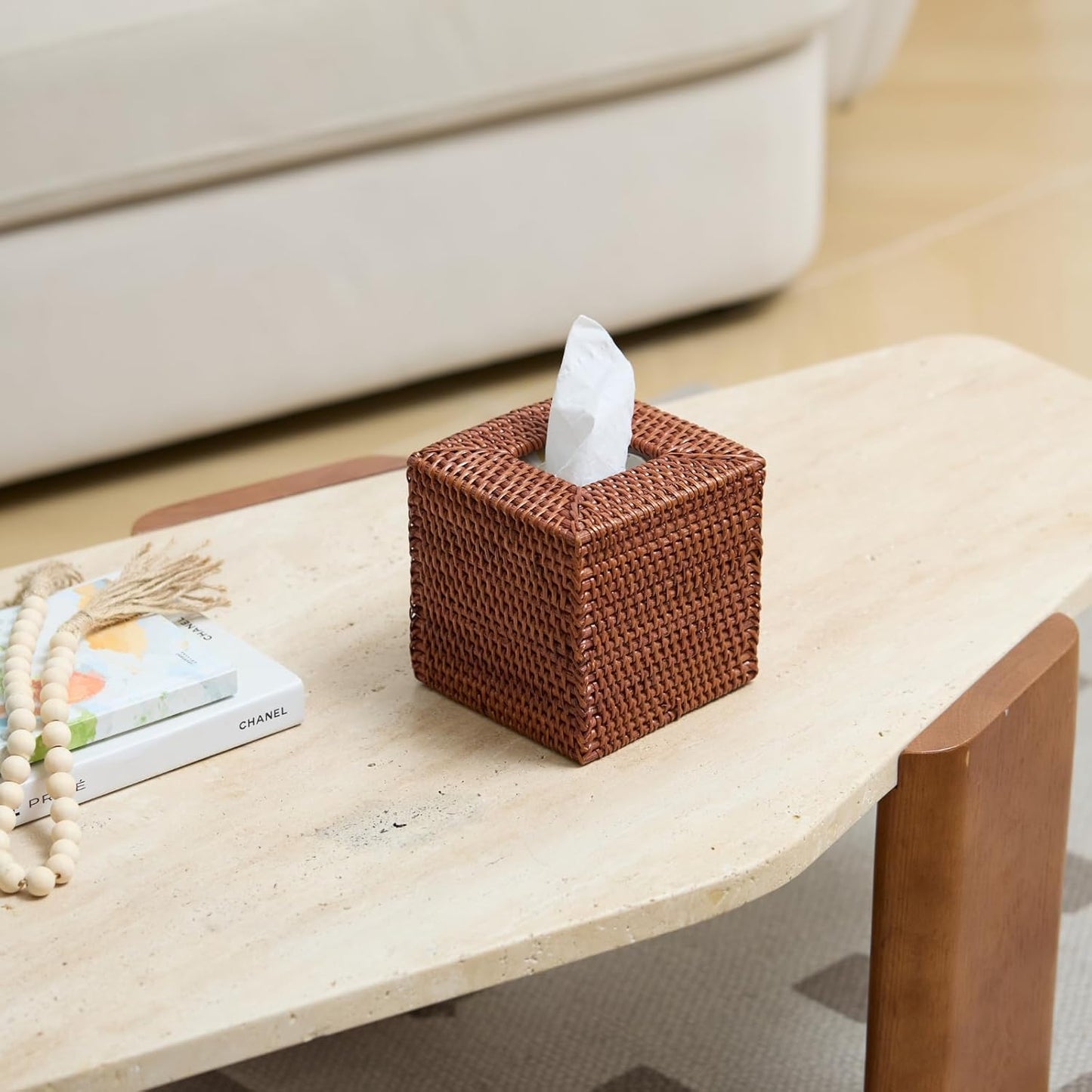 Square Rattan Tissue Box Cover, Hand Woven Wicker Tissue Holder, 5.5 x 5.5 X 5.7 inches, Honey Brown