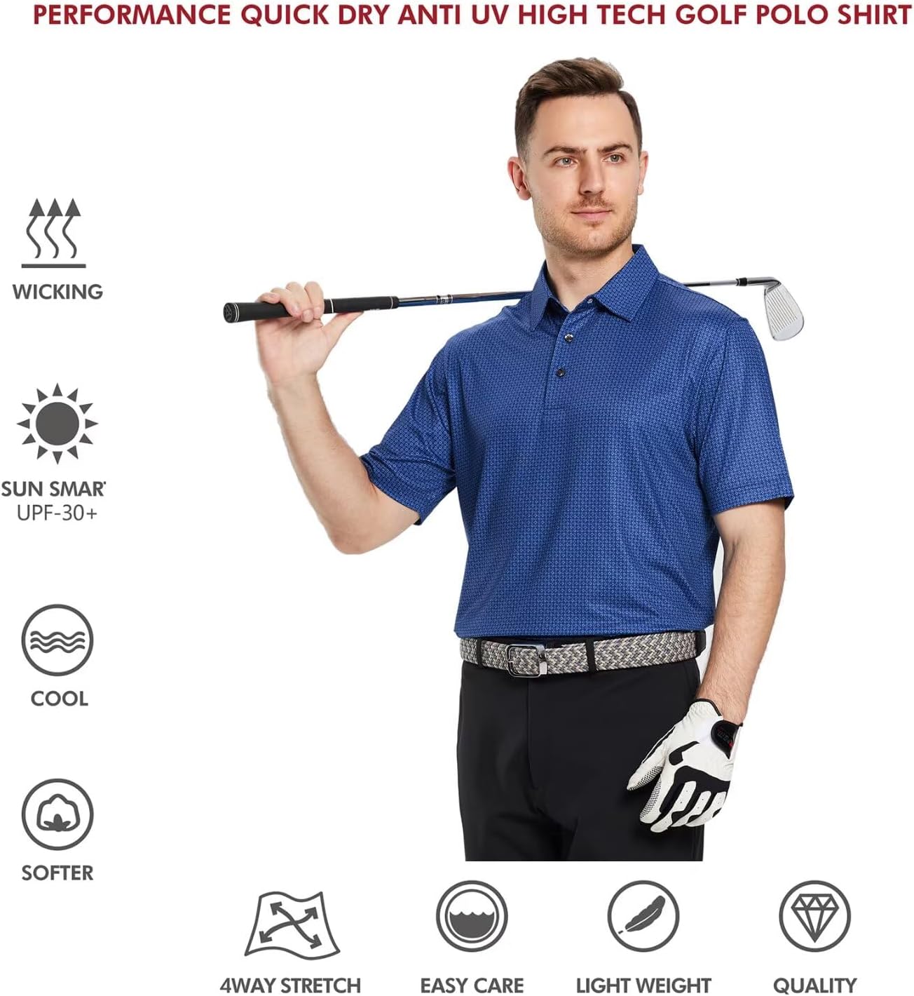 Golf Shirts for Men Dry Fit Short Sleeve Print Performance Moisture Wicking Polo Shirt