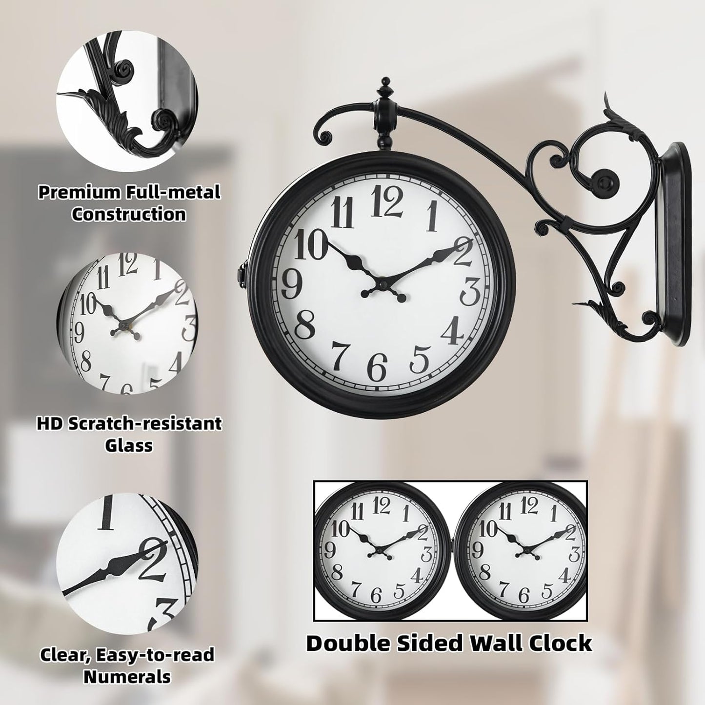 Double Sided Wall Clock, European Metal Vintage Wall Clock, Large Antique Corner Wall Clocks for Garden,Indoor,Outdoor,Living Room Decor