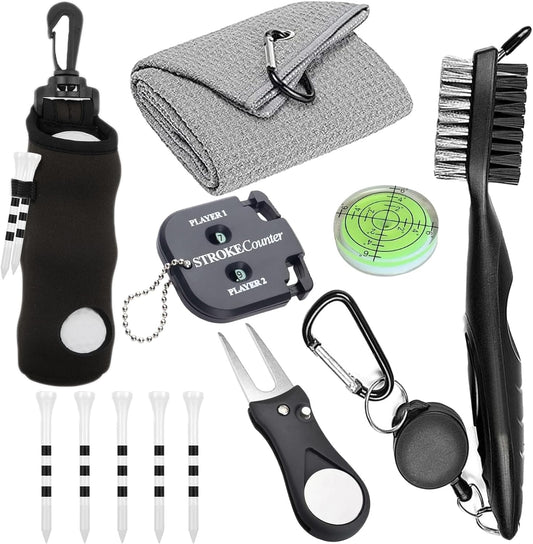 11 Pcs Golf Accessories Kit, Include Golf Tees Golf Towel Golf Ball Bag with Hook Cleaner Brush Golf Ball Marker Golf Divot Tool Golf Score Counter