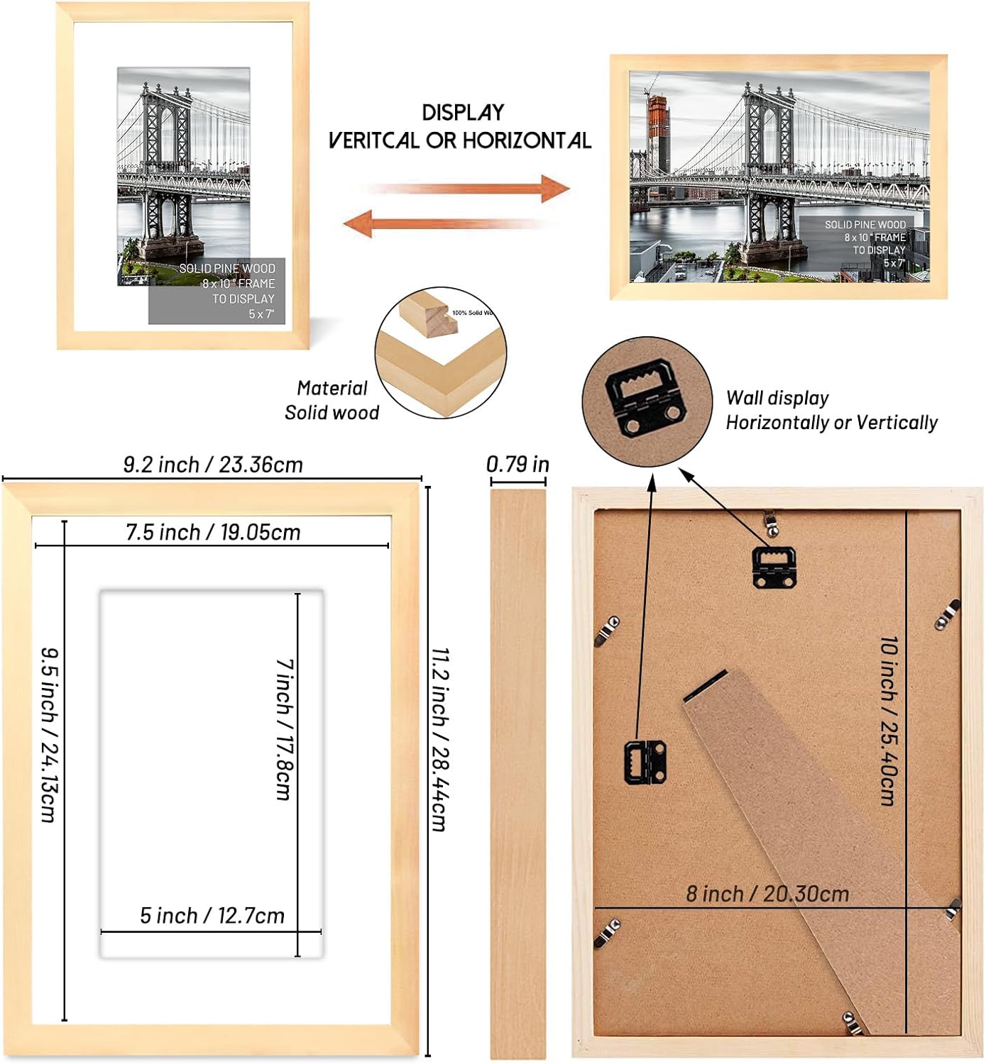 8x10 Picture Frames Solid Wood Display Pictures 5x7 or 8x10 Frame Poster Photo Frame Art with 1 Mat for Wall Mounting or Table Top (Natural)