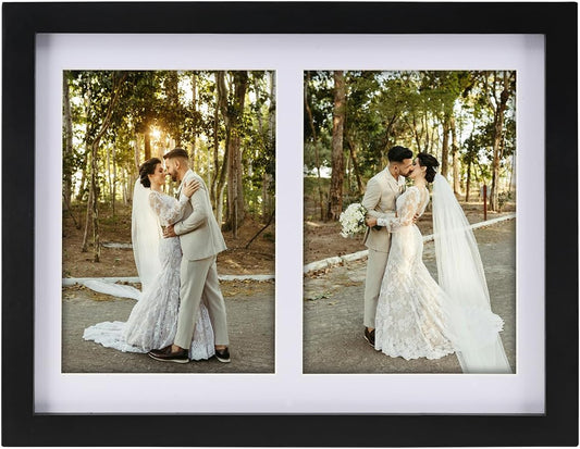 8x10 Pine Wood Collage Picture Frame Double 4x6 Picture Frame with Tempered Glass Fits 1Pc 8x10 Picture or 2Pcs 4x6 Photos With Mat For Tabletop or Gallery Wall Mounted-Classic Black