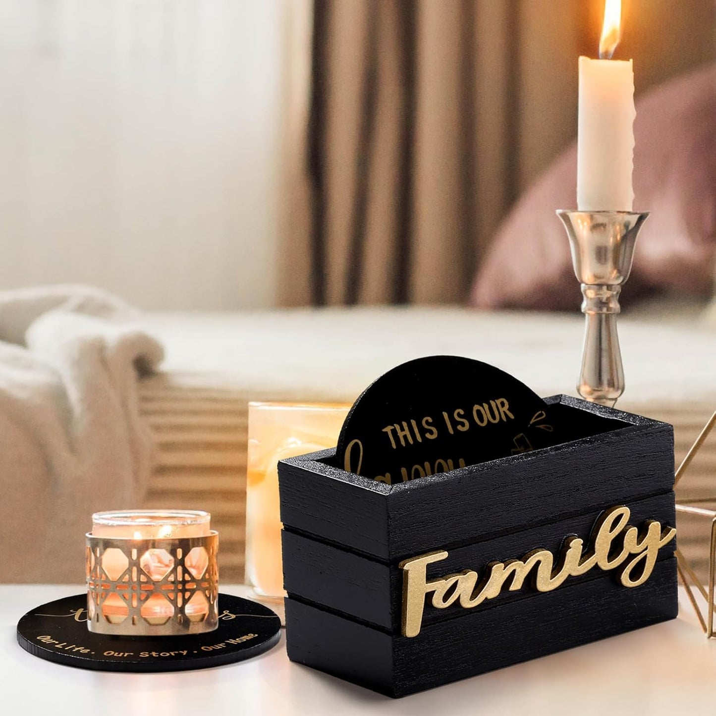 Queekay Housewarming Gifts for Home Decoration Wooden Heart Coasters for Drinks 6 Set Farmhouse Coasters with Holder Funny for Family Coffee Table Protection, 4''(Black Gold)