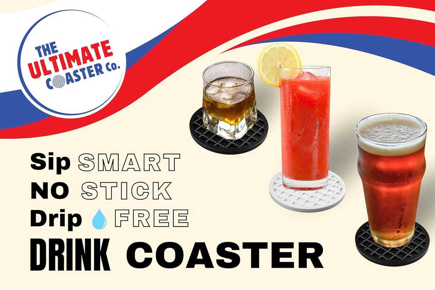 Ultimate Drink Coasters with Holder,[4 Pack] Drinking Coasters - Cup Coaster for Hot or Cold Drinks, Durable, Non-Slip, Non-Stick, Black (White)