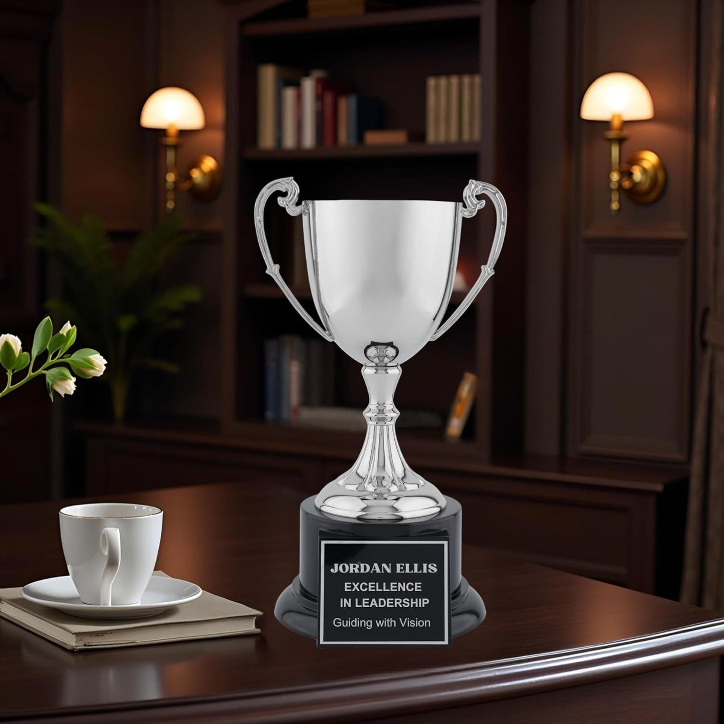 Elite Nickel-Plated Metal Trophy Cup – Custom Engraved Award Polished Finish on Ebony Wood Base, Premium Recognition for Golf, Tennis, Corporate Awards, Championship Events & Competitions