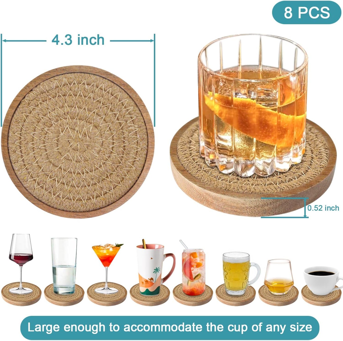 Wood Coasters for Drinks, Absorbent Coaster Sets of 8, Woven Drink Coasters for Coffee Table, Housewarming Gift for Farmhouse Home Decor,4.3 inches Brown