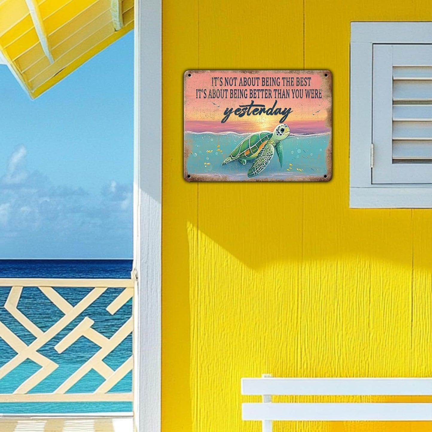 Vintage Sea Turtle Poster Metal Sign It's Not About Being The Best Sign Funny Retro Sign Restaurant Home Man Cave Wall Decor Signs 8x12 Inch