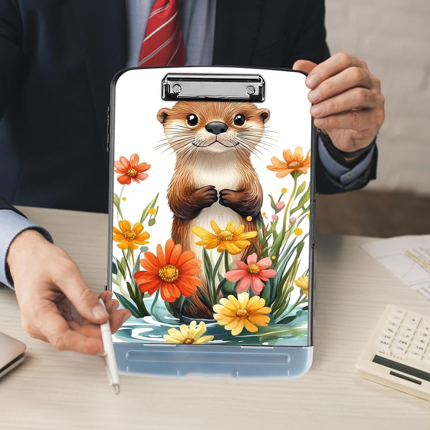 Clipboard with Storage - Large Capacity,Nursing Clipboard with Pen Holder,Heavy Duty,Plastic Side-Opening Folder for Teacher,Nurse - Sea Otter Flowers