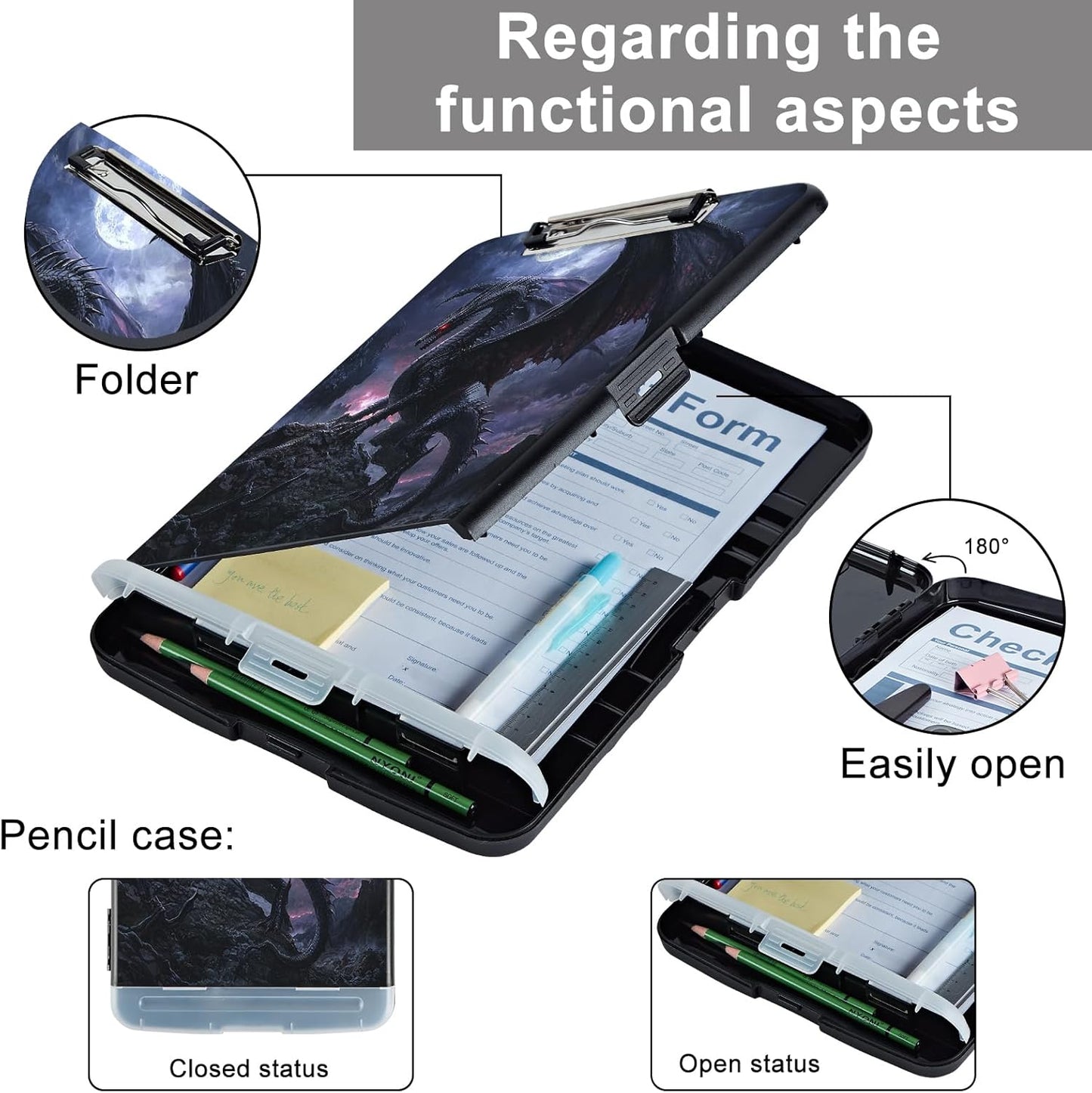 Clipboard with Storage - Large Capacity,Nursing Clipboard with Pen Holder,Heavy Duty,Plastic Side-Opening Folder for Teacher,Nurse - Black Dragon
