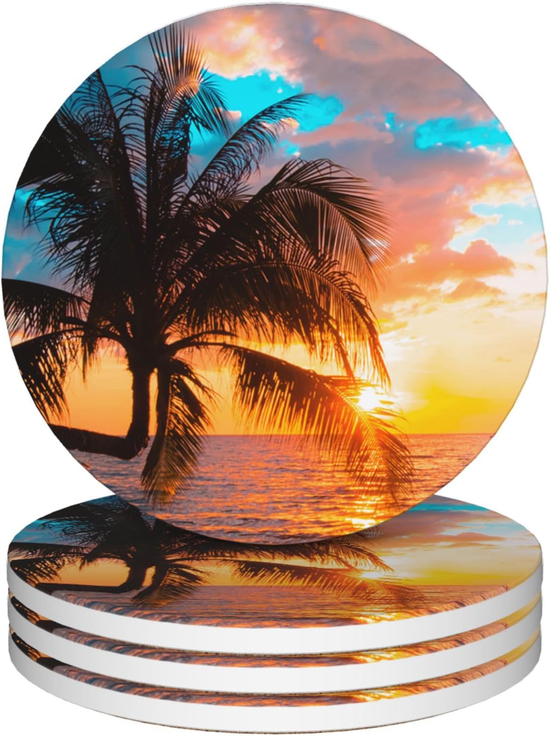 Palm Tree Coaster Set of 4, Absorbent Ceramic Stone Coasters with Cork Backing, Sunset Beach Theme Round Coasters for Home Table Decor, Ideal Gifts for Women or Men