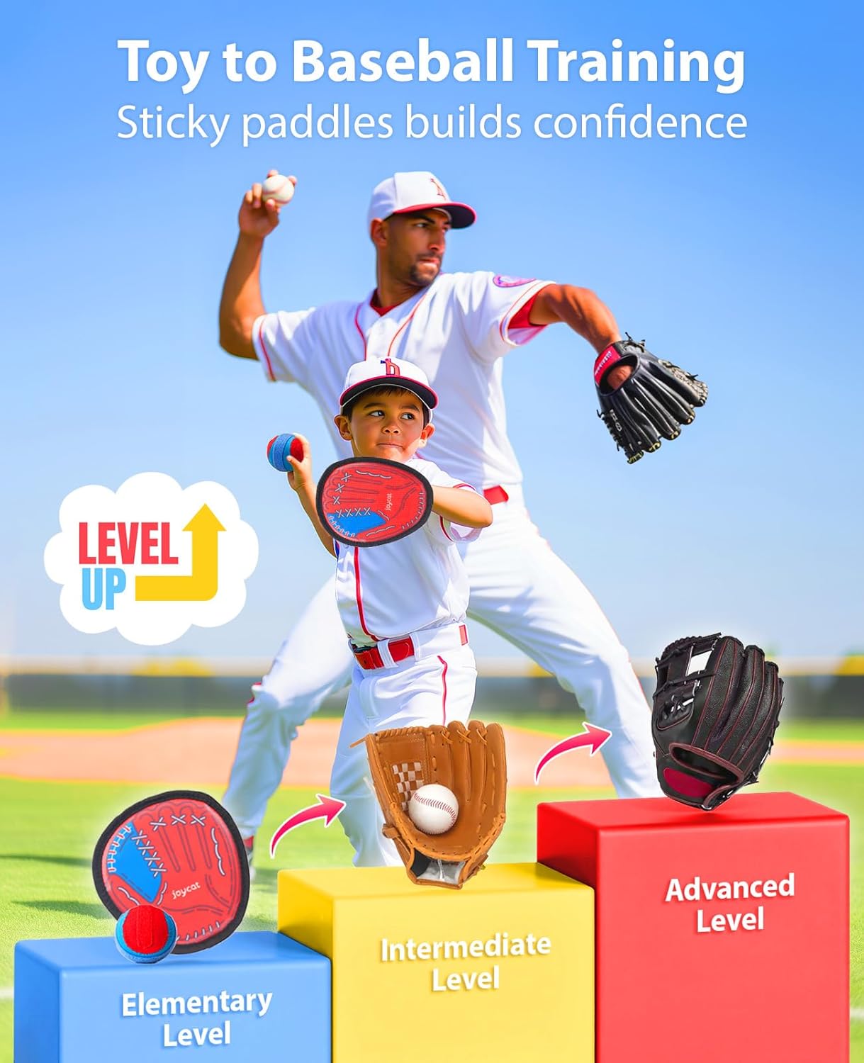 JoyCat Toss and Catch Ball Game Set,Toddler Baseball Glove,Beach Pool Yard Camping Games,Kids Outdoor Toys for Family, Birthday Gifts for 3 4 5 6 7 8 9 10+Year Old Boys Girls (2 Paddles 2 Balls)