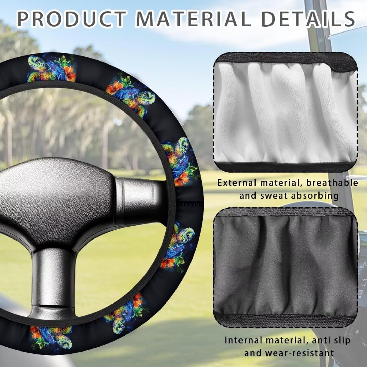 Turtle Golf Cart Steering Wheel Cover Flower 13-14 Inch Golf Cart Steering Wheel Covers Anti-Slip Sun Shade Club Car Accessories Decor Easy to Install and Clean