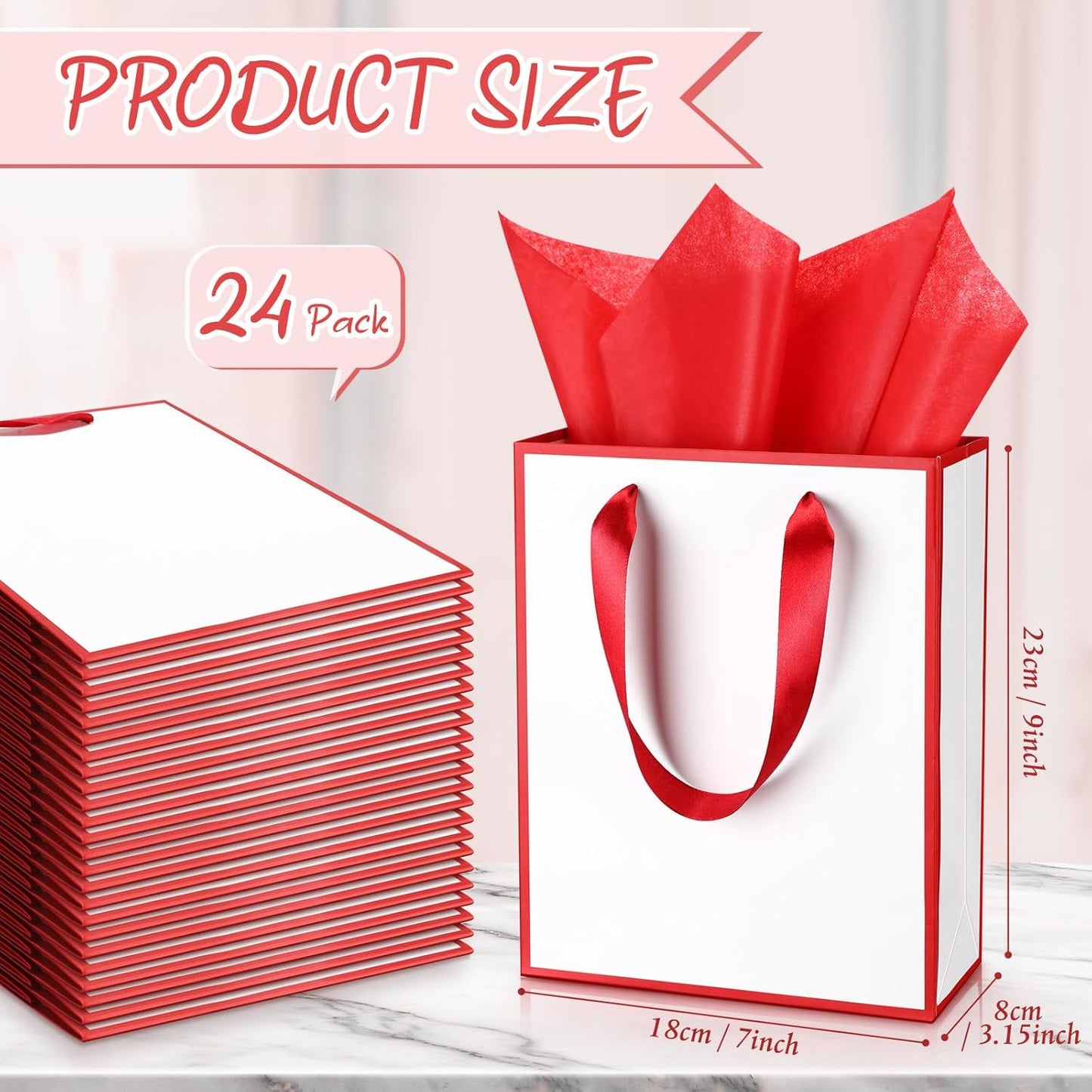 Yeaqee 24 Pack Metallic Paper Gift Bags with Handle and Tissue 9x7x3.1 Gold Foil Welcome Favor Bags Return Gifts for Wedding Fall 5 Senses Christmas Bridesmaid Birthday(White, Dark Red)