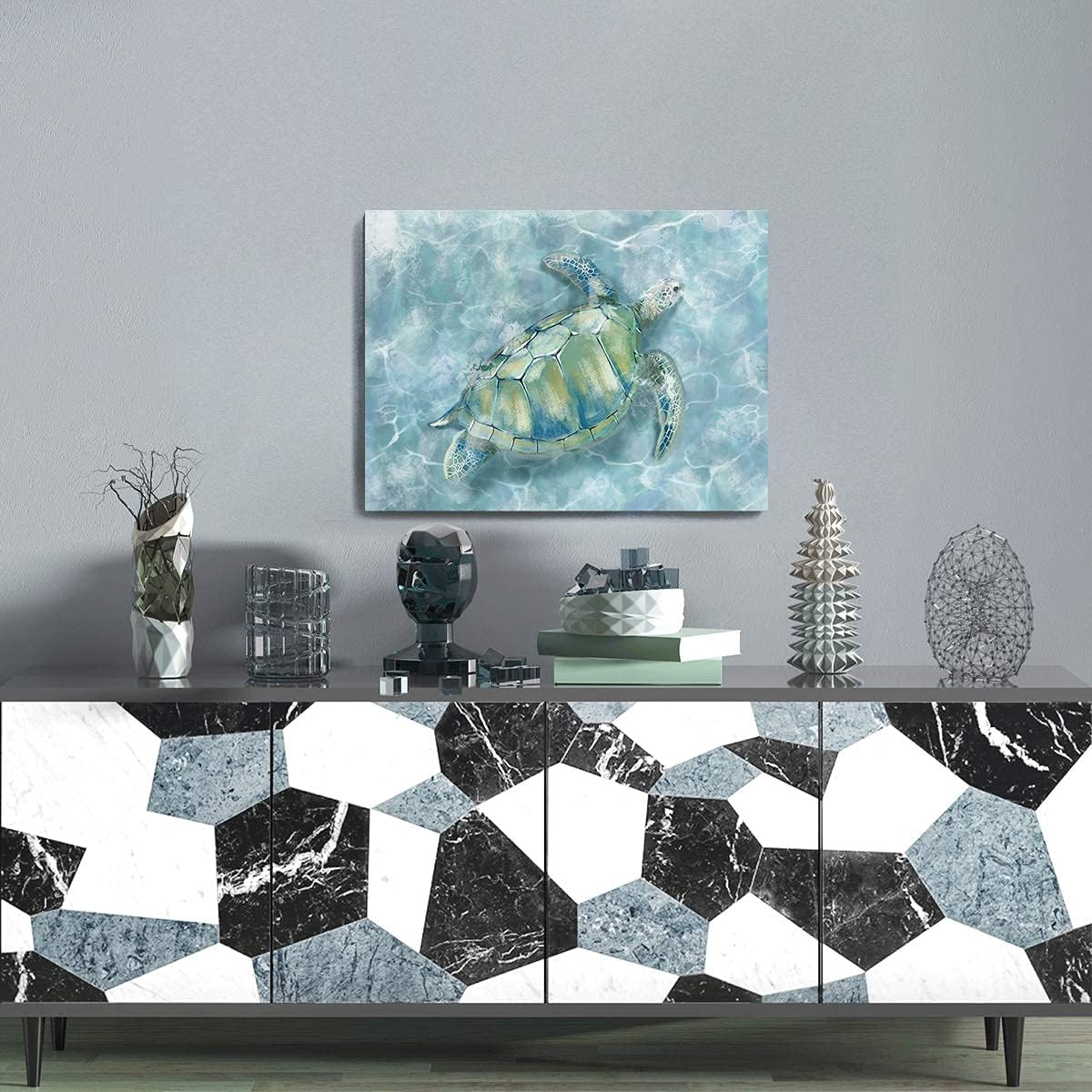 YJYart Bathroom Wall Decor Sea Turtle HD Pictures Print on Canvas Wall Art for Bedroom Kitchen Blue Coastal Room Decorations Art Work Green Turtle on Blue 12x16 inches