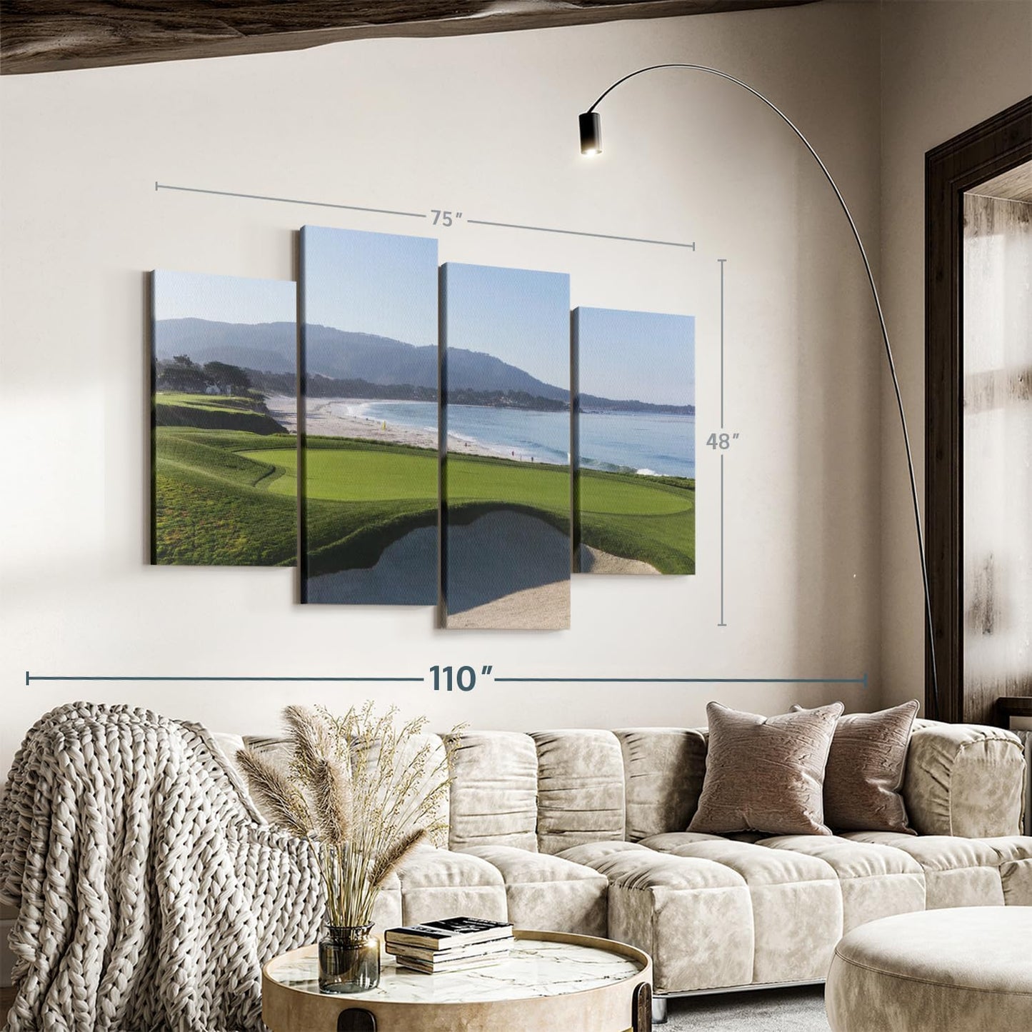 Elephant Stock Monterey CA Golf Course Wall Art - Horizontal Canvas - 4-Piece Living Room Wall Decor - Photography Sports Canvas Print - Blue and Green Decor for Wall - 75" X 48"