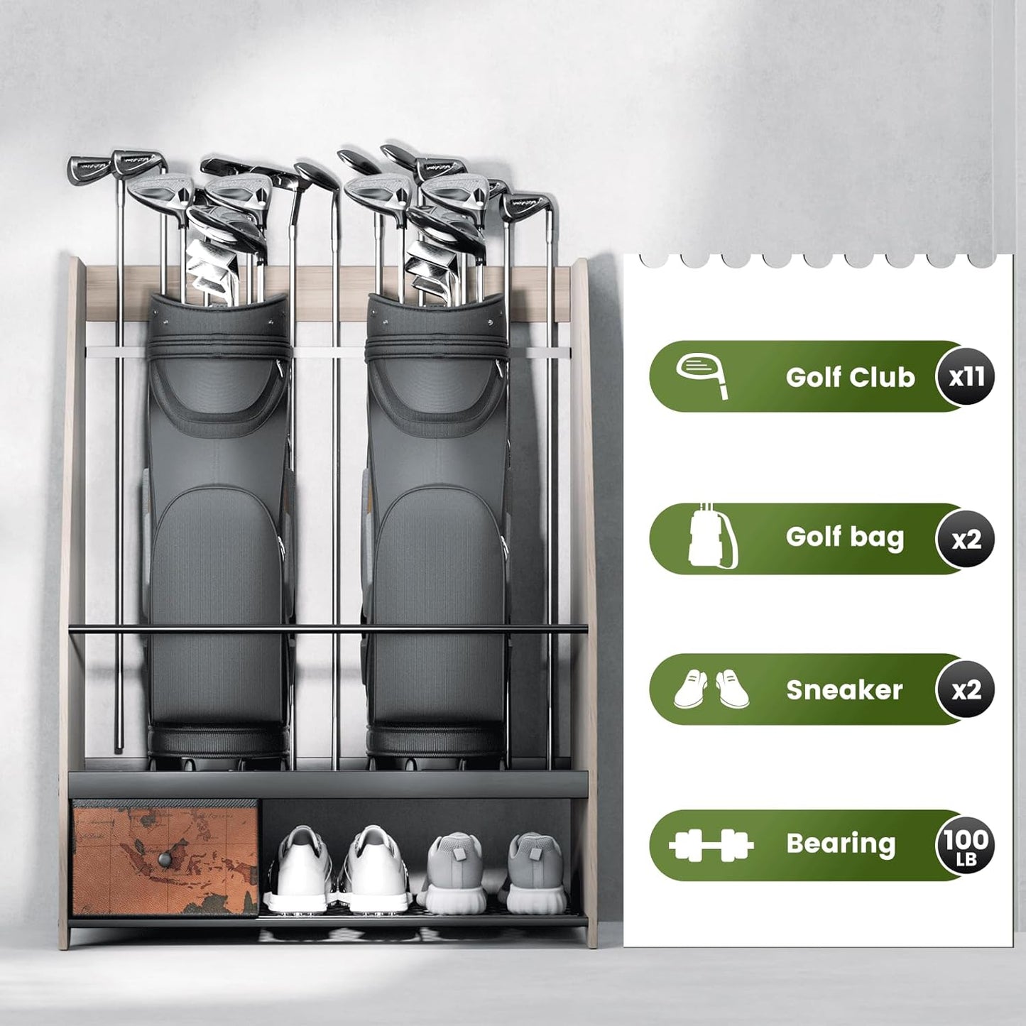 Golf Bag Organizer Rack – Large Wooden Golf Storage for 2 Bags, Clubs & Accessories with Dustproof Drawer, Sports Equipment Rack for Garage, Practice Room, Home or Office (Black)