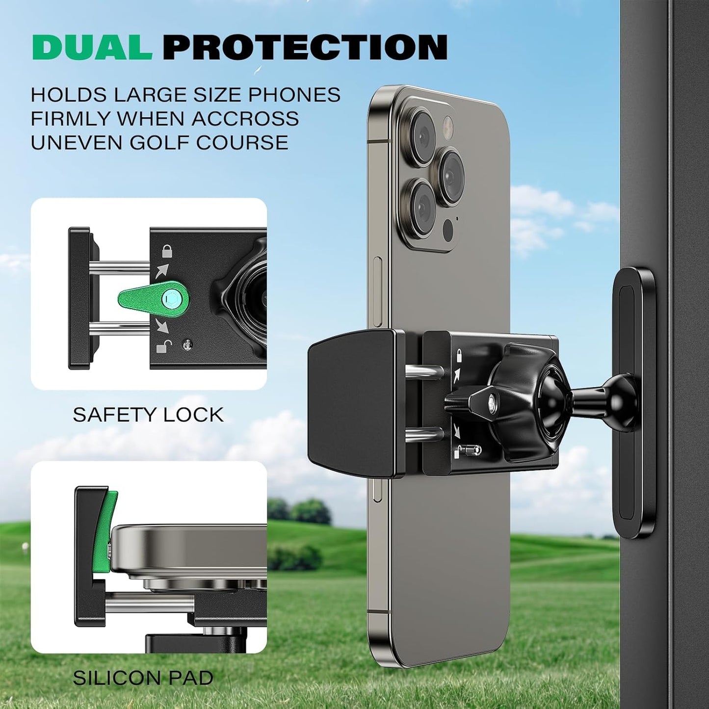 Aluminum Alloy Golf Cart Phone Holder with Safety Lock, Heavy Duty Magnetic Golf Phone Mount for EZGO/Club Car/Yamaha/Icon, Golf Cart Accessories Gifts for Men Women [Phone Case Friendly]