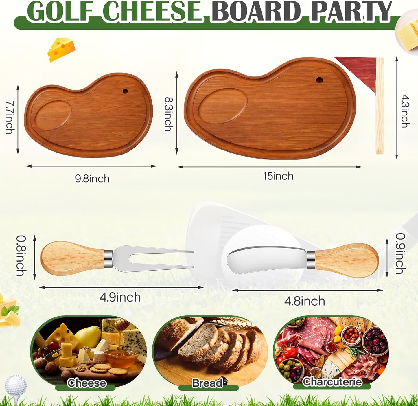 Golf Cheese Board Gift Set Party Favor Prizes Charcuterie Wood Board with Knives and Box for Dad Grandpa Party Tournament Game(Carbonized Bamboo Wood, Golf)