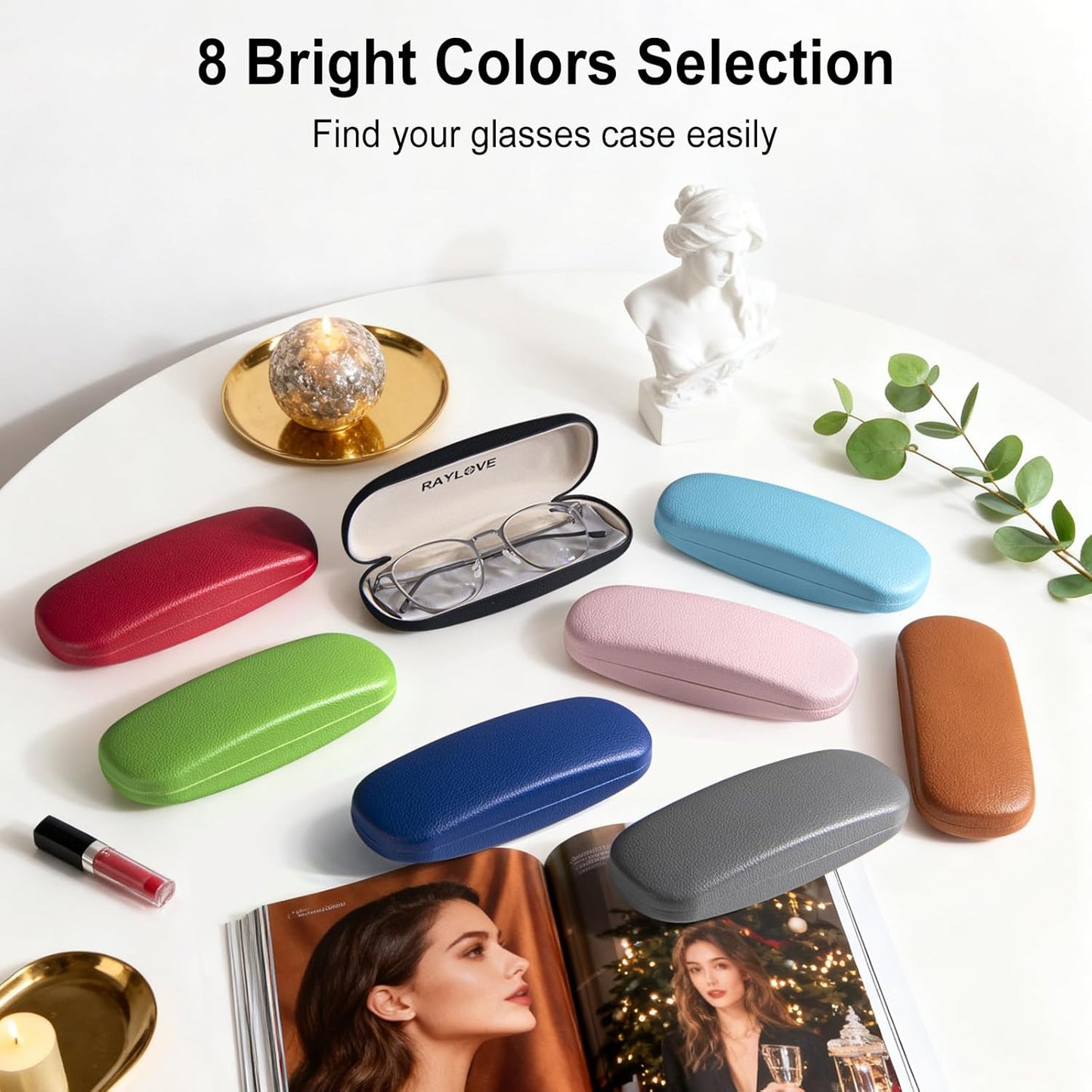 RayLove Glasses Case, Unisex Hard Shell Eyeglass Case, PU Leather Protective Hard Eye Glasses Cases with Eyewear Accessories