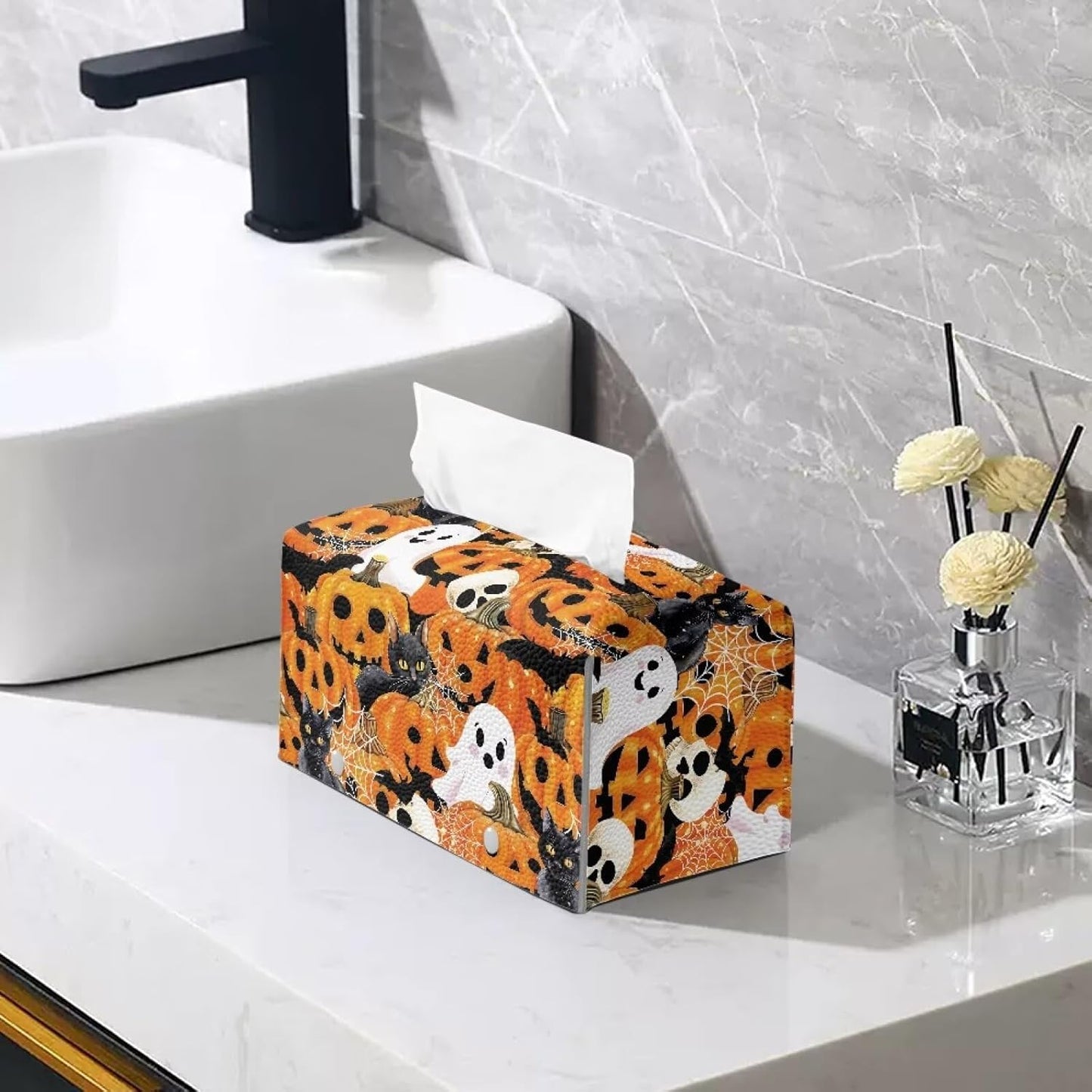 Ghost Tissue Box Cover Rectangular Tissue Box Holder Halloween Napkin Dispenser Organizer Waterproof Facial Paper Protector for Car Office Table Desk Kidsroom