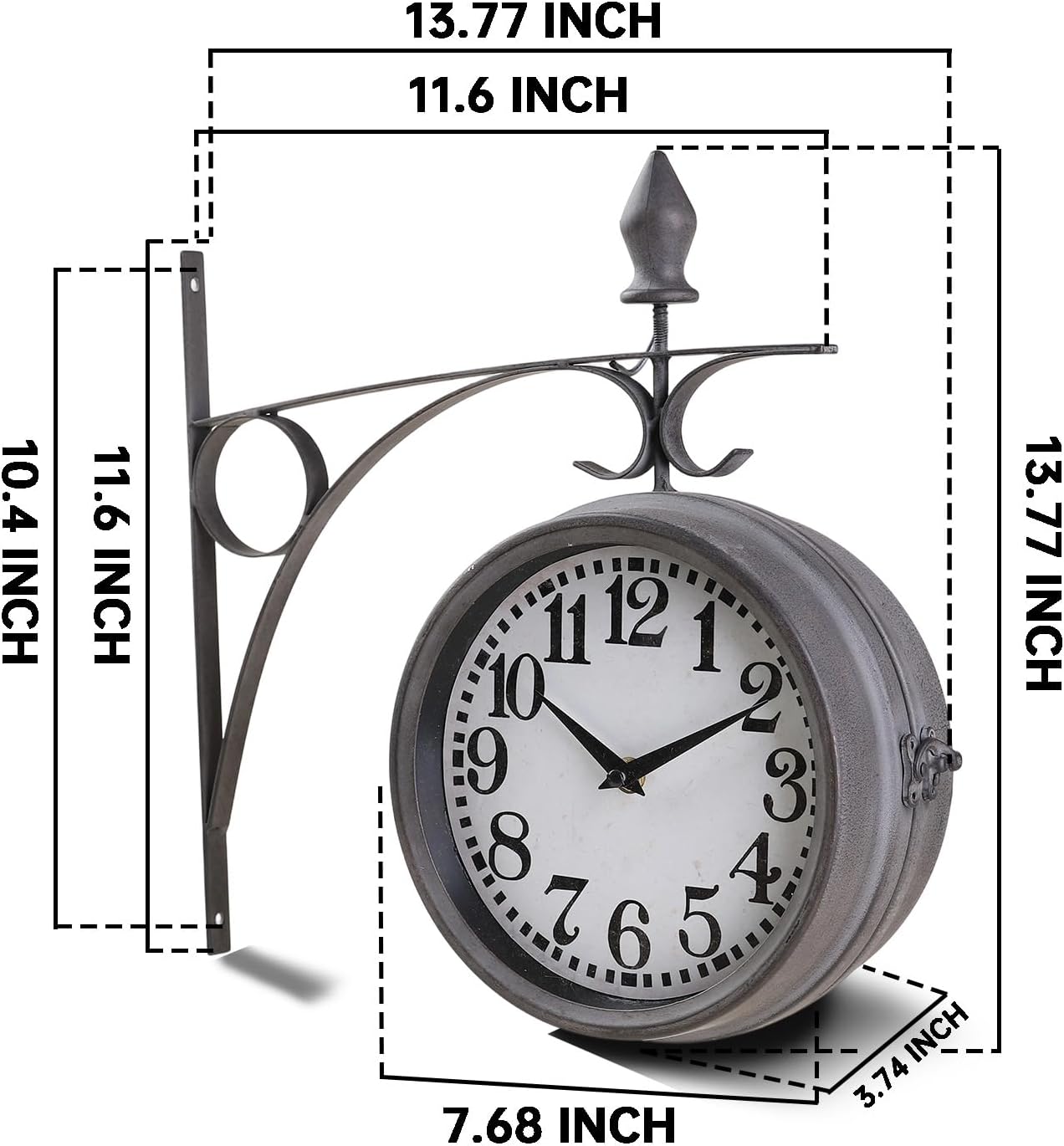 Metal Double Sided Hanging Clock with Retro Grey Sturdy Frame,Glass Lens,Silent Quartz Movement, Indoor/Outdoor Double-Sided Decorative Wall Clock for Home Décor Farmhouse Station Office Garden