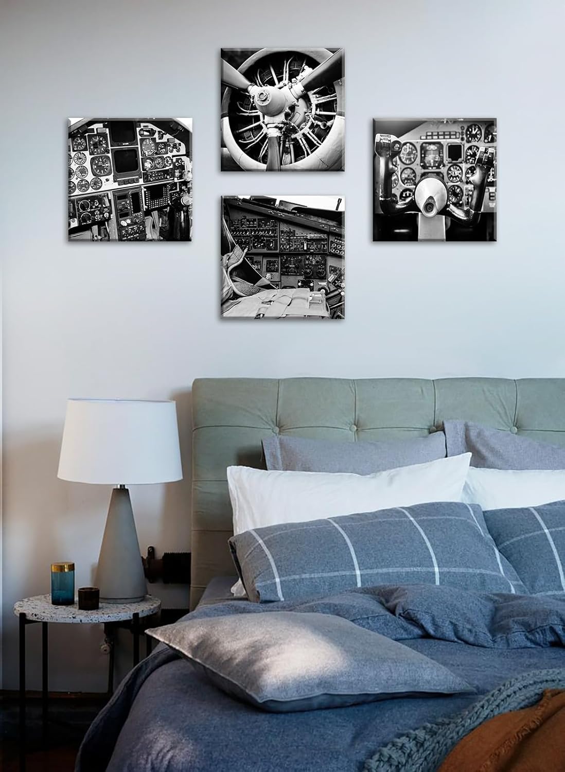 DJSYLIFE Vintage Airplane Wall Art - 4-Panel Black and White Canvas Print Poster, Propeller Plane Close-Up Decor for Office, Bedroom, Man Cave, Modern Home Decor, Ready to Hang 12"x12"x4