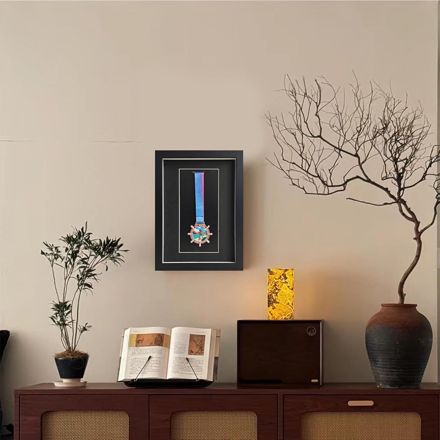 Black Solid Wood Medal Display Case – Shadow Box for Military Medals, Sports Awards, Badges, Certificates & Photos – Wall Mounted or Desktop Glass Frame