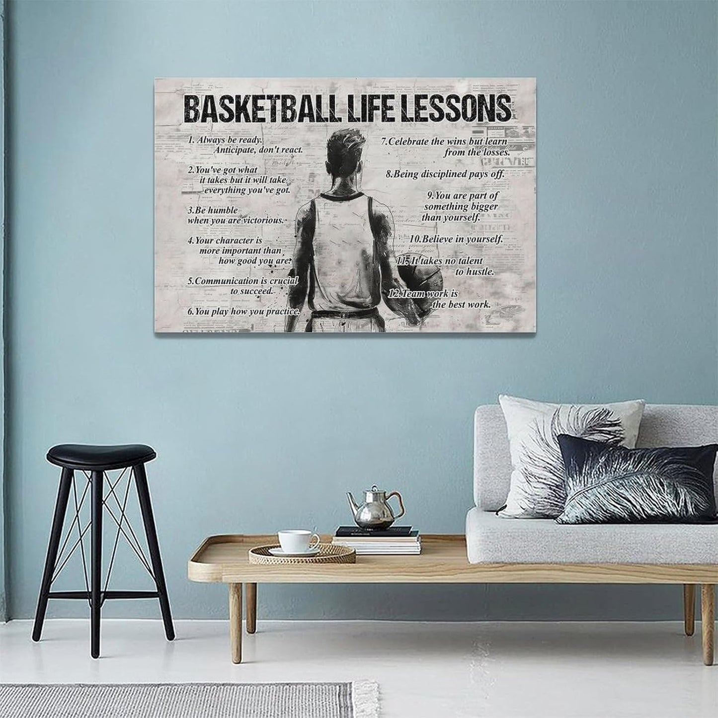Basketball Sports Wall Art Basketball Life Lessons Wall Decor Basketball Sign Retro Poster Boy Men Room Motivational Decorations Canvas Print Painting Artwork for Bedroom Bathroom Living Room 24"x16"