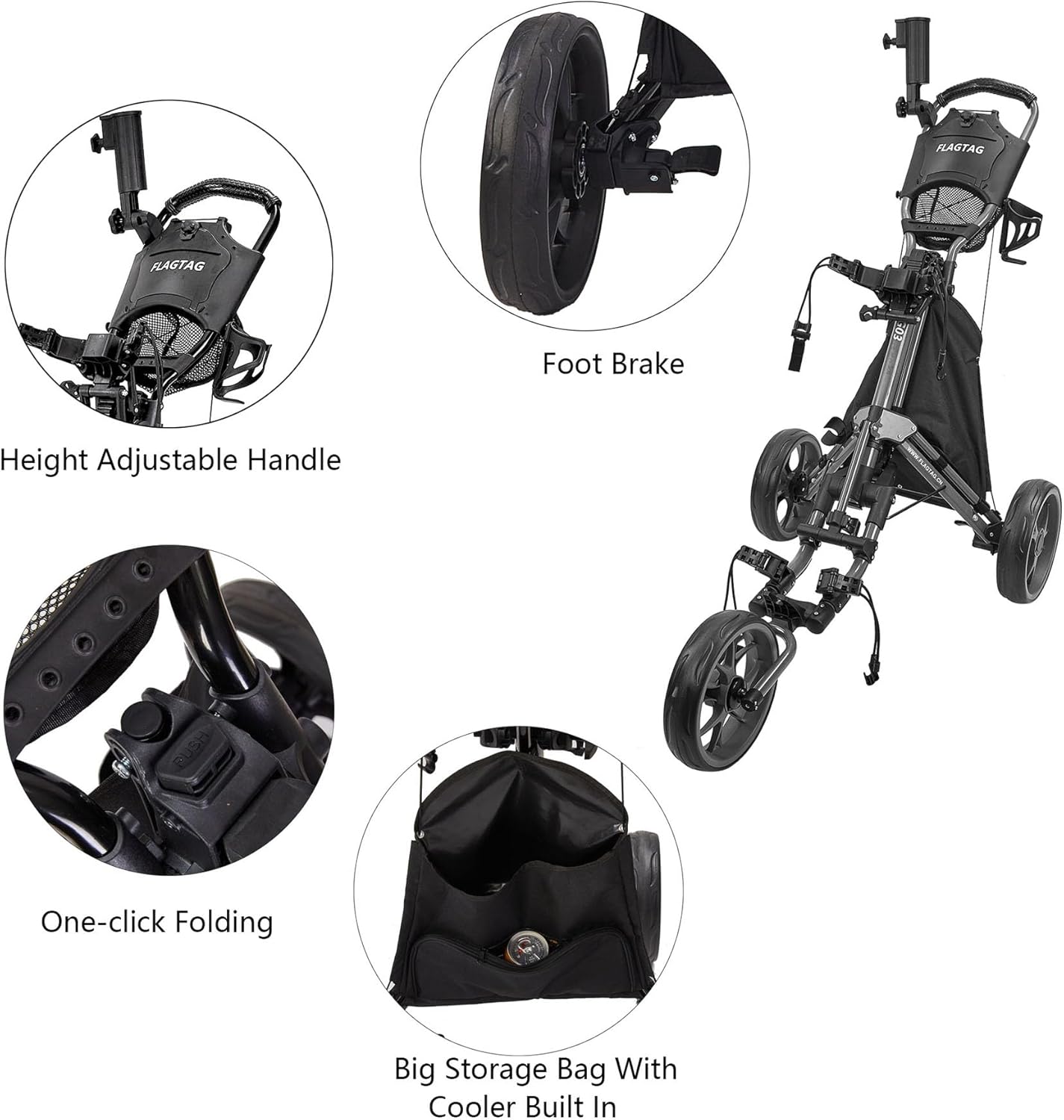 Golf Push Cart 3 Wheel,Foldable Golf Push Cart,Golf Bag Cart with Foot Brake,Umbrella Holder, Cup Holder, Storage Compartment