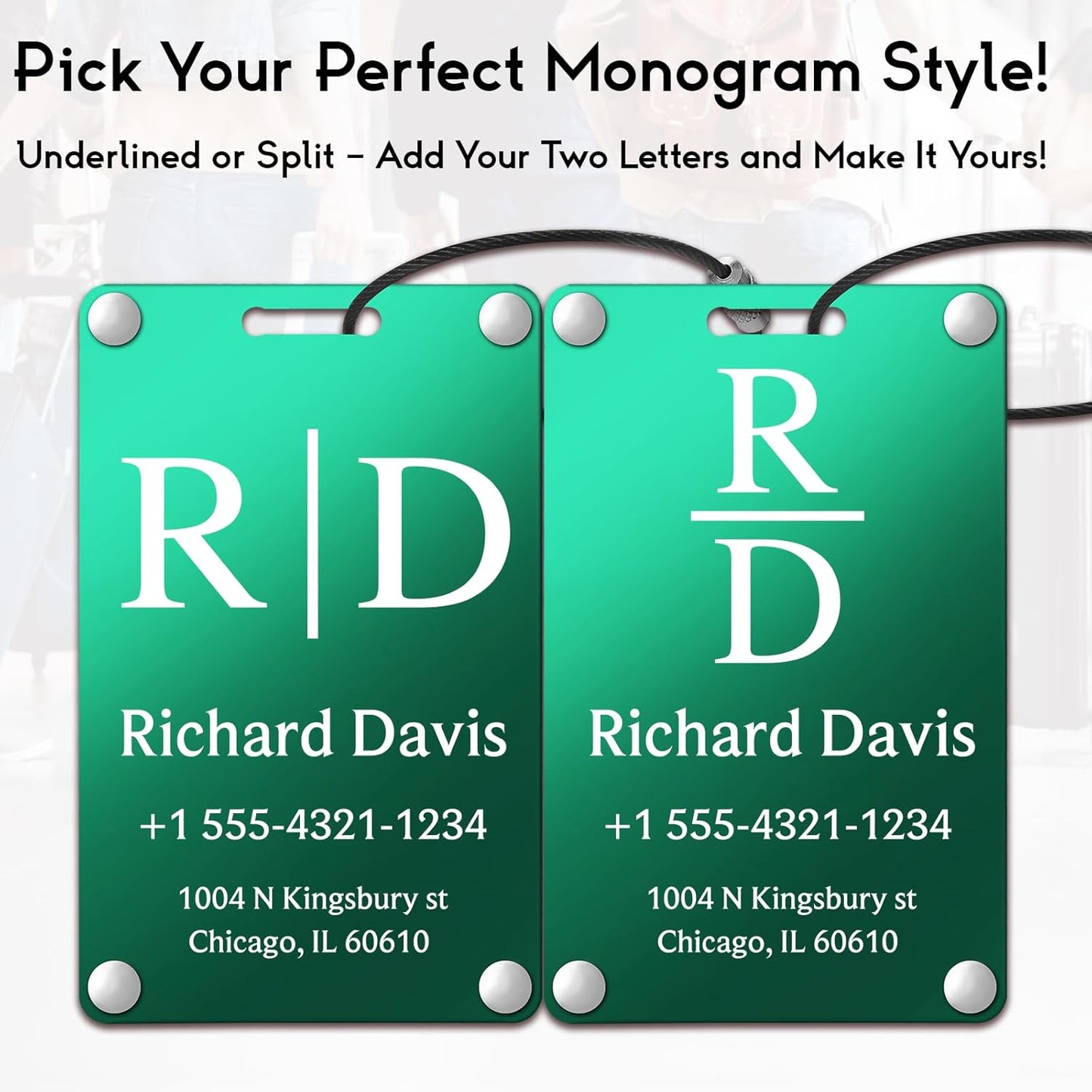Personalized Luggage Tags for Suitcases - Monogram Style Aluminum Custom Luggage Tags for Backpacks & Bags, Sturdy, Waterproof & Heavy Duty (Green/Card-Sized)