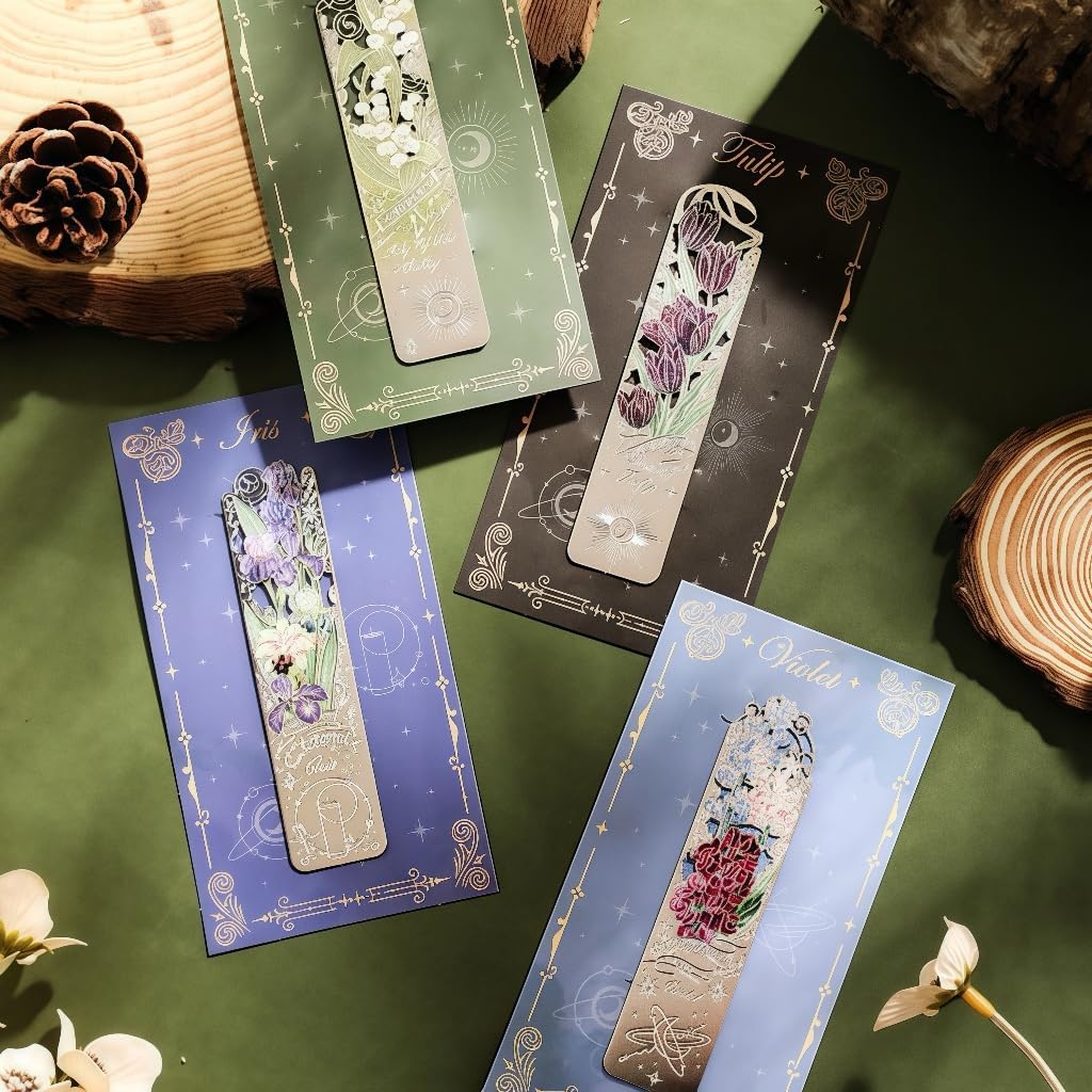Metal Bookmarks Set on 4 Pieces. Pretty & Beautiful Flower Bookmarks for Women, Female, Mother - Tulip, Violet, Lily, Oriole, Gift Packing