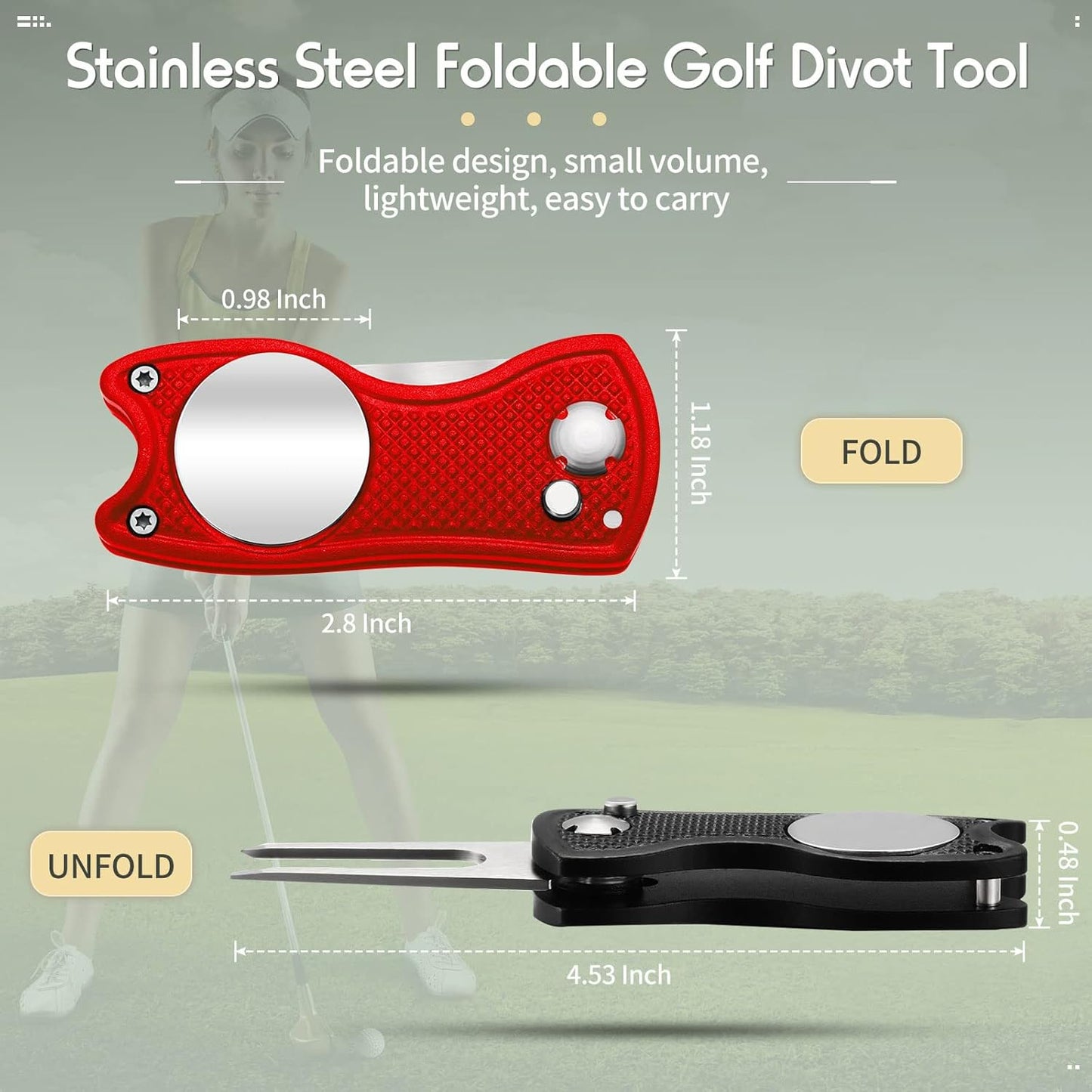 6 Packs Golf Repair Tool Stainless Steel Foldable Golf Divot Tool Magnetic Button Ball Marker