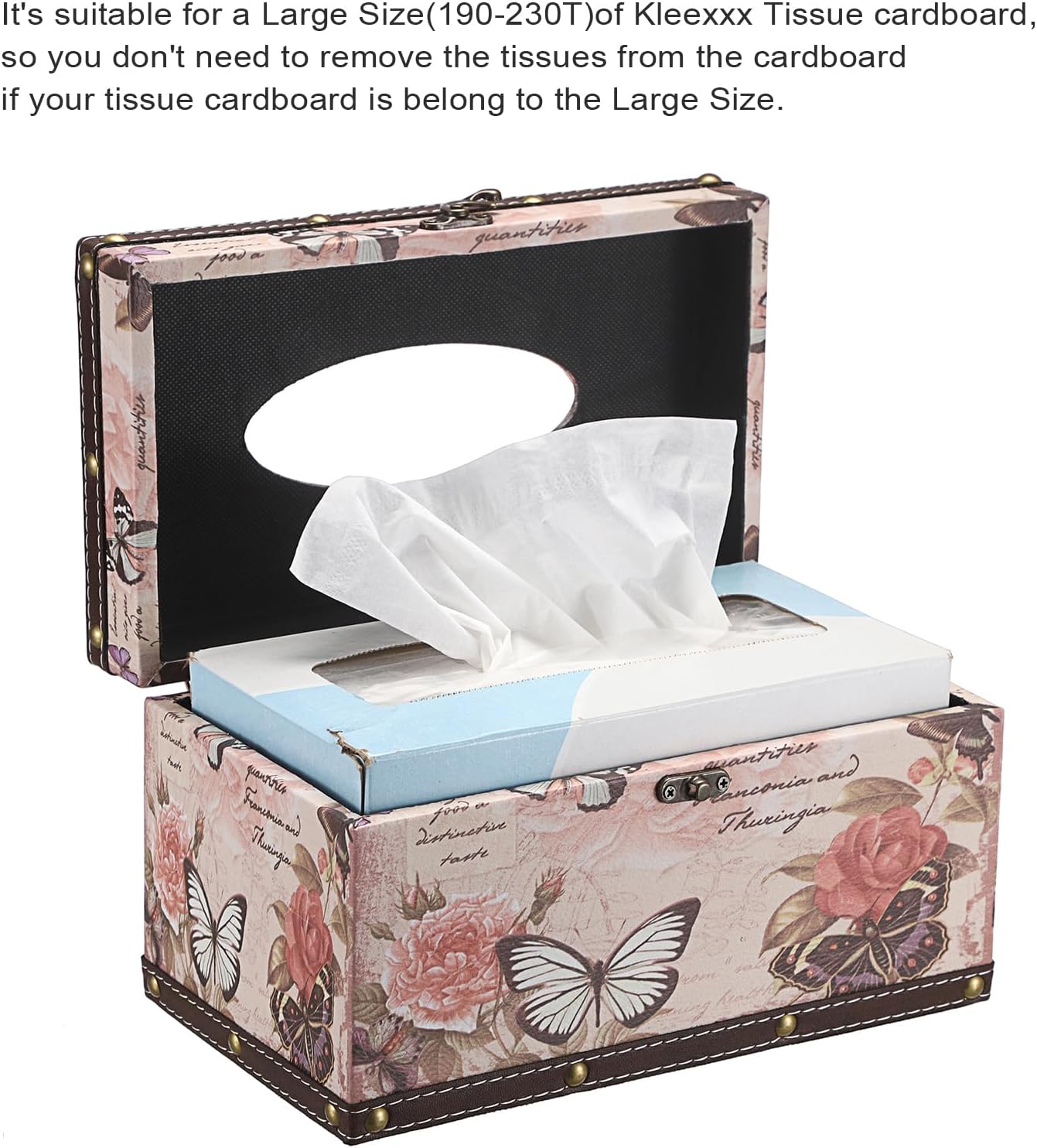 Sumnacon Tissue Box Cover Rectangle Wood Tissue Box with Hinged Lid,Vintage PU Tissue Box Holder Retro Pink Tissue Cover for Bathroom Toilet Bedroom Kitchen Office Table Desk, Large