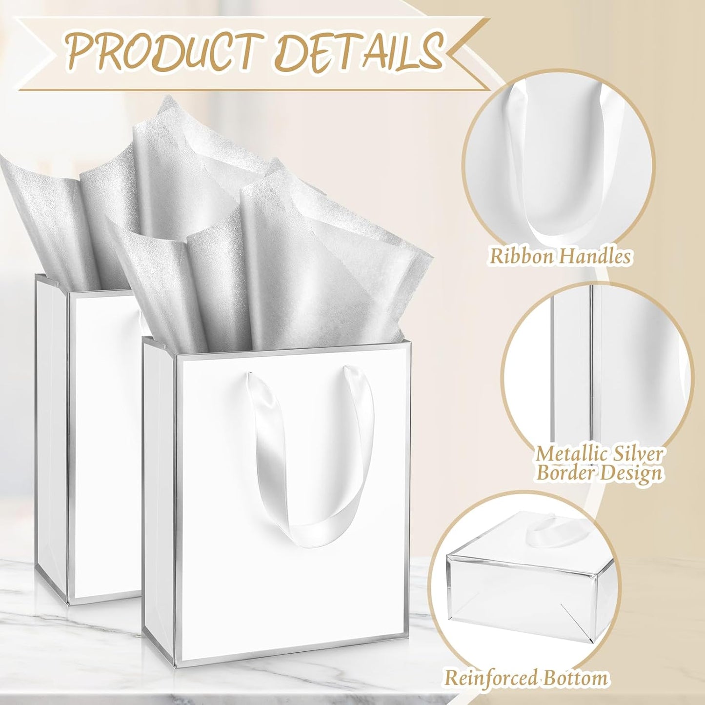 Yeaqee 24 Pack Metallic Paper Gift Bags with Handle and Tissue 9x7x3.1 Gold Foil Welcome Favor Bags Return Gifts for Wedding Fall 5 Senses Christmas Bridesmaid Birthday(White, Silver)