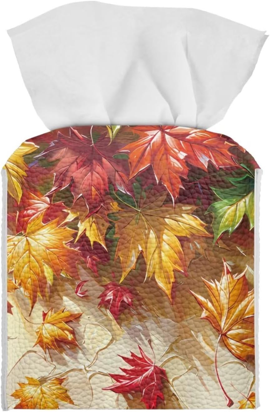 Maple Leaf Tissue Box Cover PU Leather Square Tissue Box Case Thanksgiving Theme Organizer Holder Foldable Waterproof Facial Paper Dispenser Easy to Install