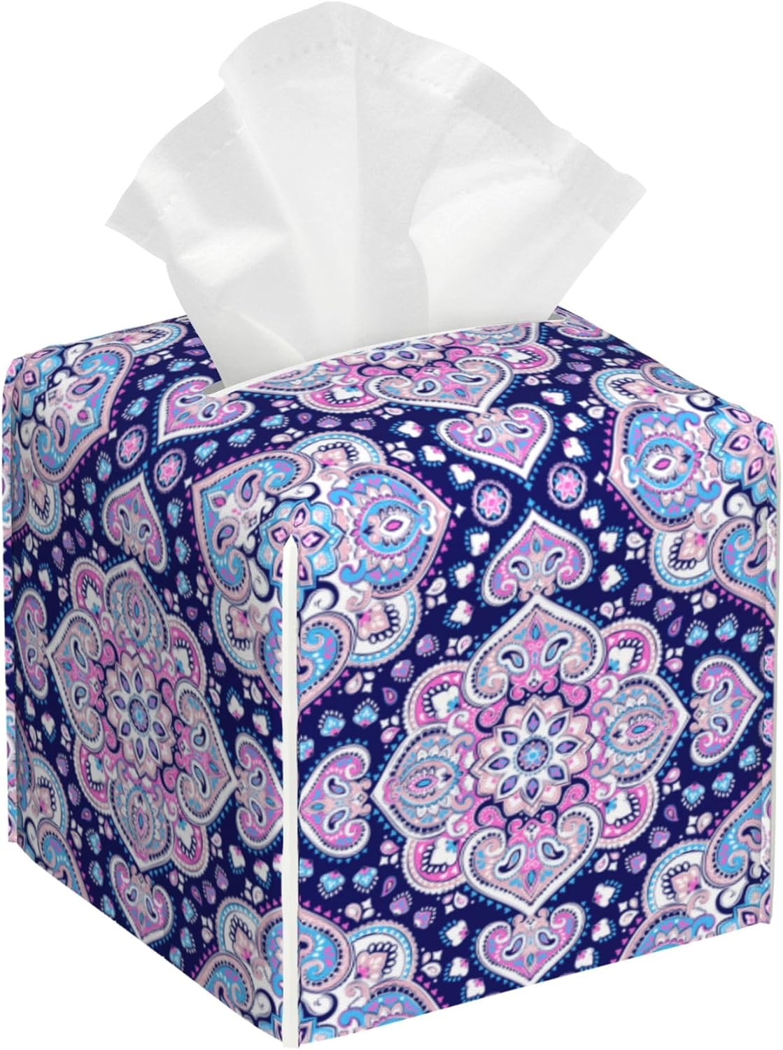 Boho Mandala Flower Tissue Box Cover Square,Indian Paisley Floral Tissue Box Holder Waterproof Leather Facial Paper Organizer Dispenser for Bathroom Home Car Nightstand Vanity Desk