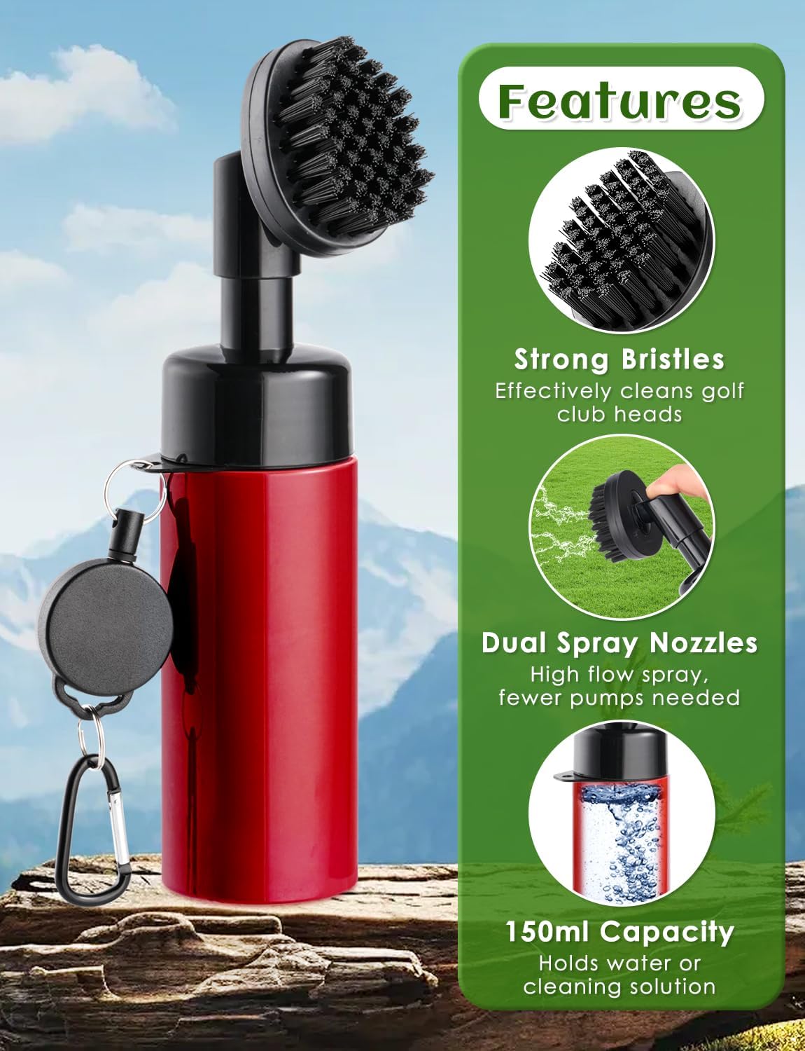 Oasser Golf Club Cleaner Golf Club Brush with Retractable Clip and Squeeze Water Bottle 10.5 Inches Holds 5 Oz of Water, Golf Accessories for Men Women, Essentials Golf Gifts for Men, Red