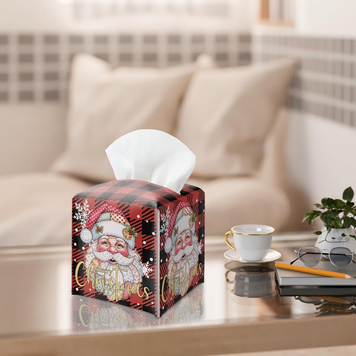 Merry Christmas Tissue Box Holder, Santa Claus Red Checkered Leather Tissue Box Cover Square, Paper Facial Decorative Tissues Cover for Night Stands Bathroom Office Home Decor-B16