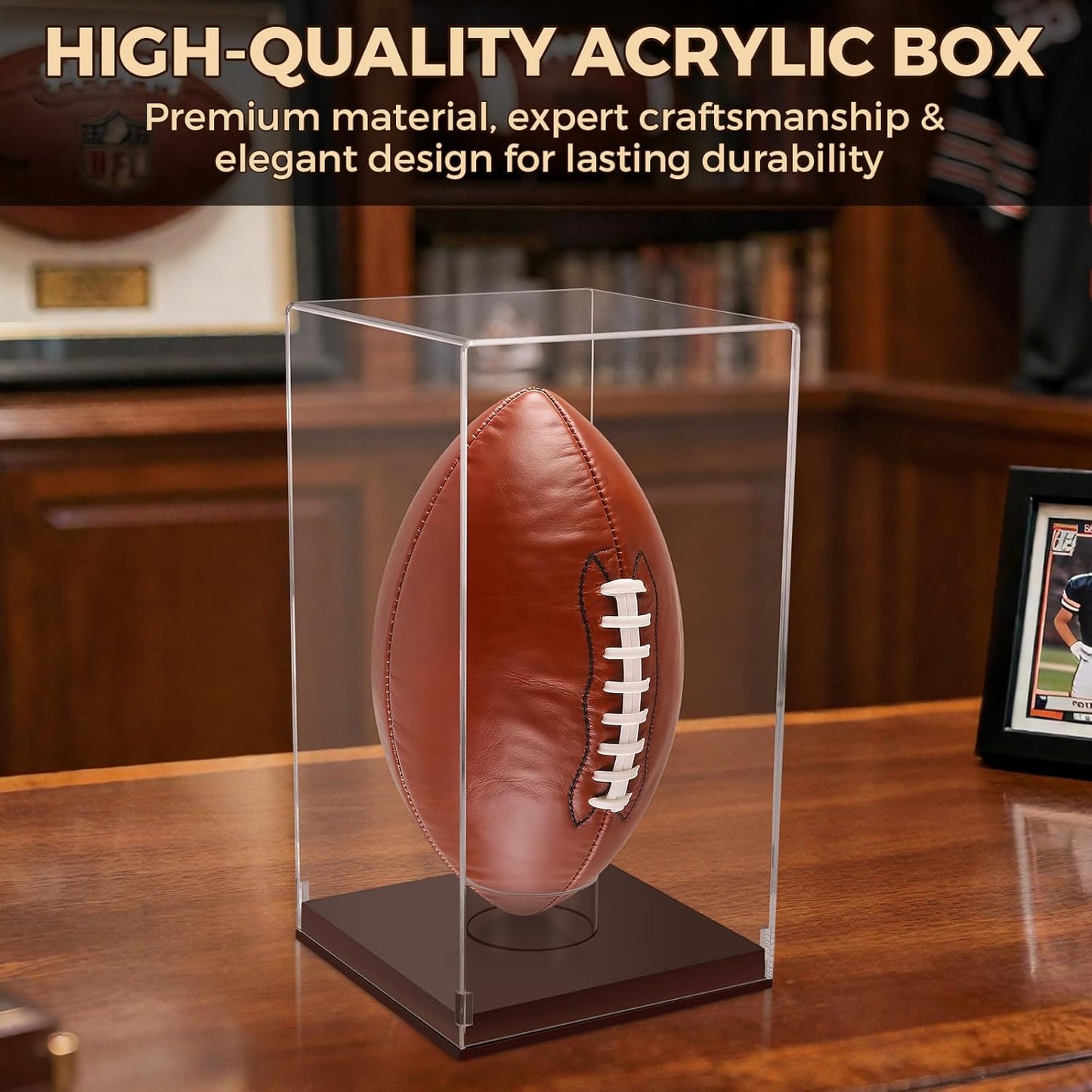 Football Display Case with Wooden Base, UV Protection Clear Acrylic Souvenir Display Box for Autographed Football, Memorabilia, Sports Collectibles, Vertical Brown
