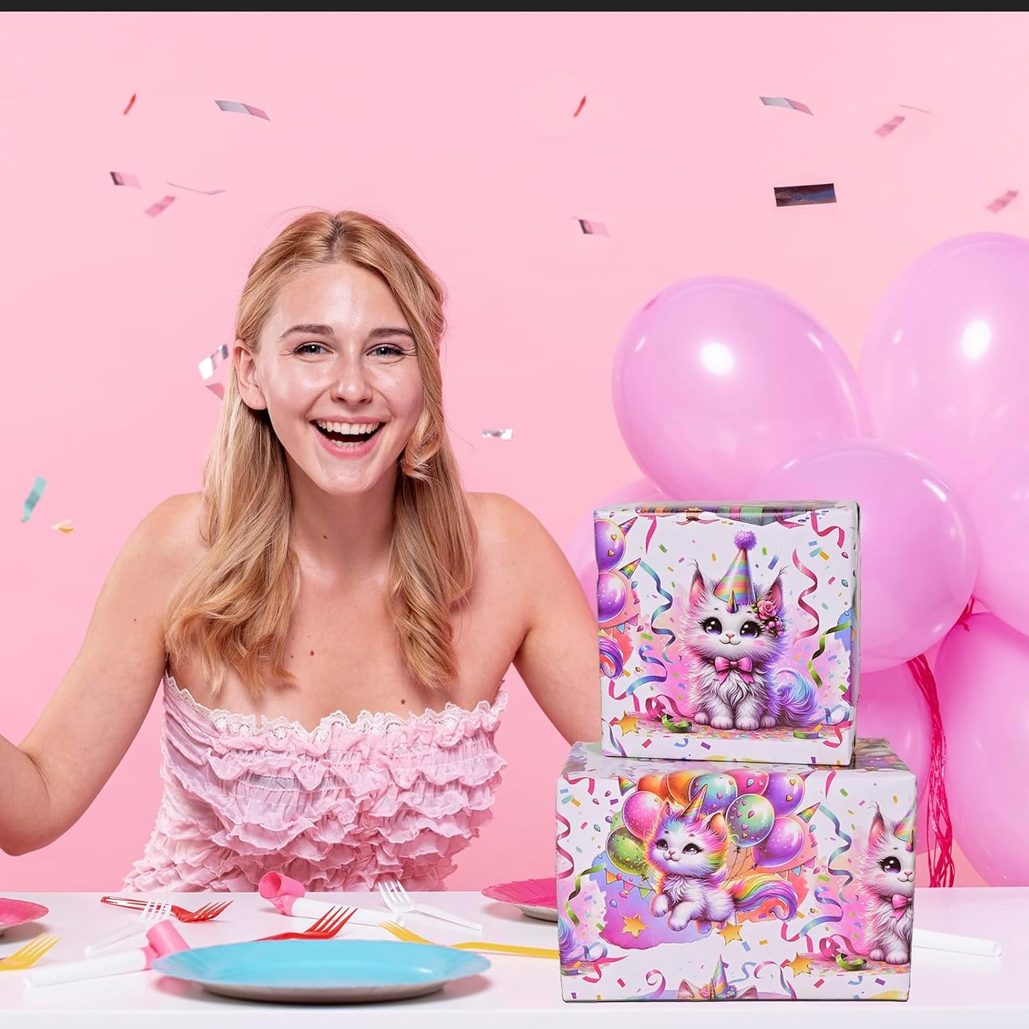 Vnaaem Cat Birthday Wrapping Paper Roll for Girls Kids - Colorful Cat and Confetti Design Gift Wrap for Holiday Party Baby Shower Wedding Birthday - 17 in x 20 ft(Total 28.5sq.ft)