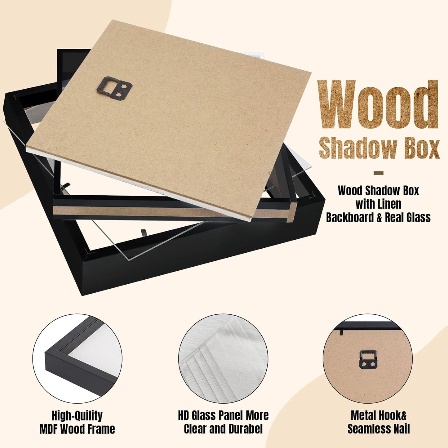 QDSSDECO 8"x8" Shadow Boxes Display Cases with Soft Linen Back Deep Wood Glass 3D Shadow Box Set for Wall and Tabletop, 3 Pack Black