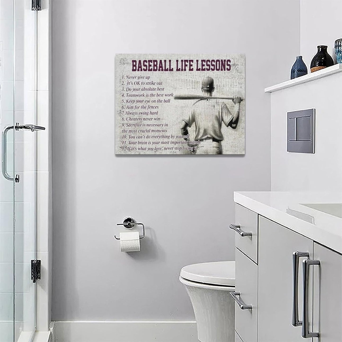 Baseball Sports Wall Art Baseball Life Lessons Wall Decor Baseball Sign Retro Poster Boy Men Motivational Decorations Canvas Print Painting Artwork for Bedroom Bathroom Living Room Gym 16"x12"