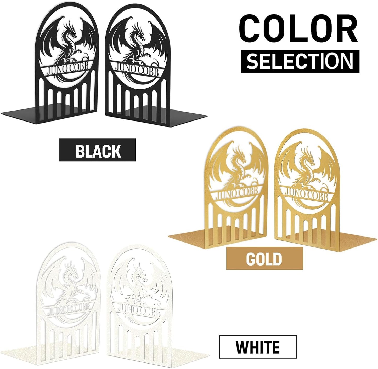 Personalized Dragon Book Ends 2 Pcs, Metal Bookends for Shelves, Custom Heavy Duty Bookends with Name, Dragon Bookshelf Decor, Book Organizer for Desk, Black Book Holders for Home Office