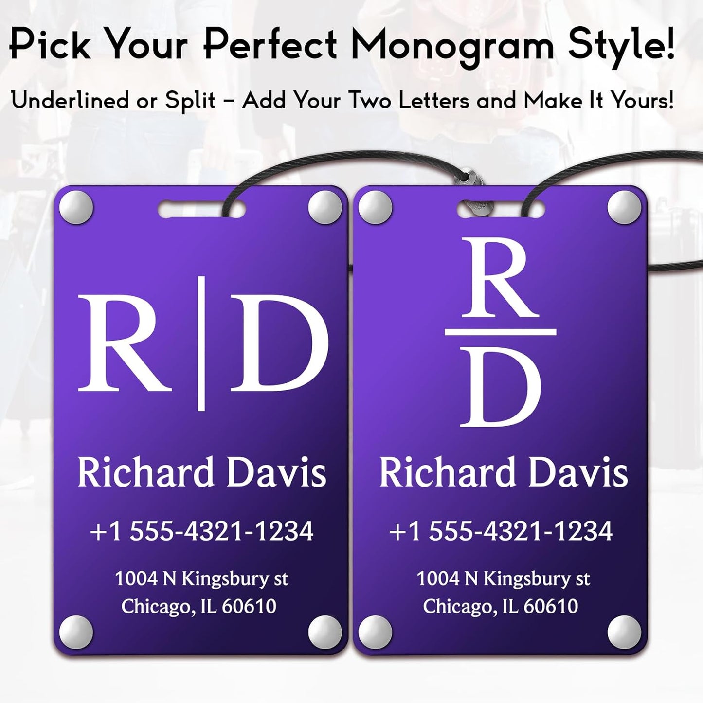 Personalized Luggage Tags for Suitcases - Monogram Style Aluminum Custom Luggage Tags for Backpacks & Bags, Sturdy, Waterproof & Heavy Duty (Purple/Card-Sized)
