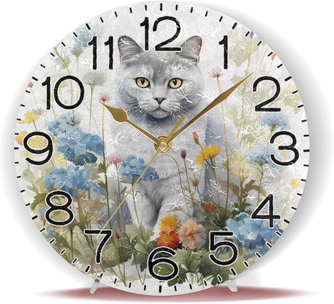 Cat with Spring Flowers Wall Clock Battery Operated Non Ticking Silent Quartz Analog Rustic Farmhouse Round Clock Retro Decor for Home Kitchen Living Room Bathroom