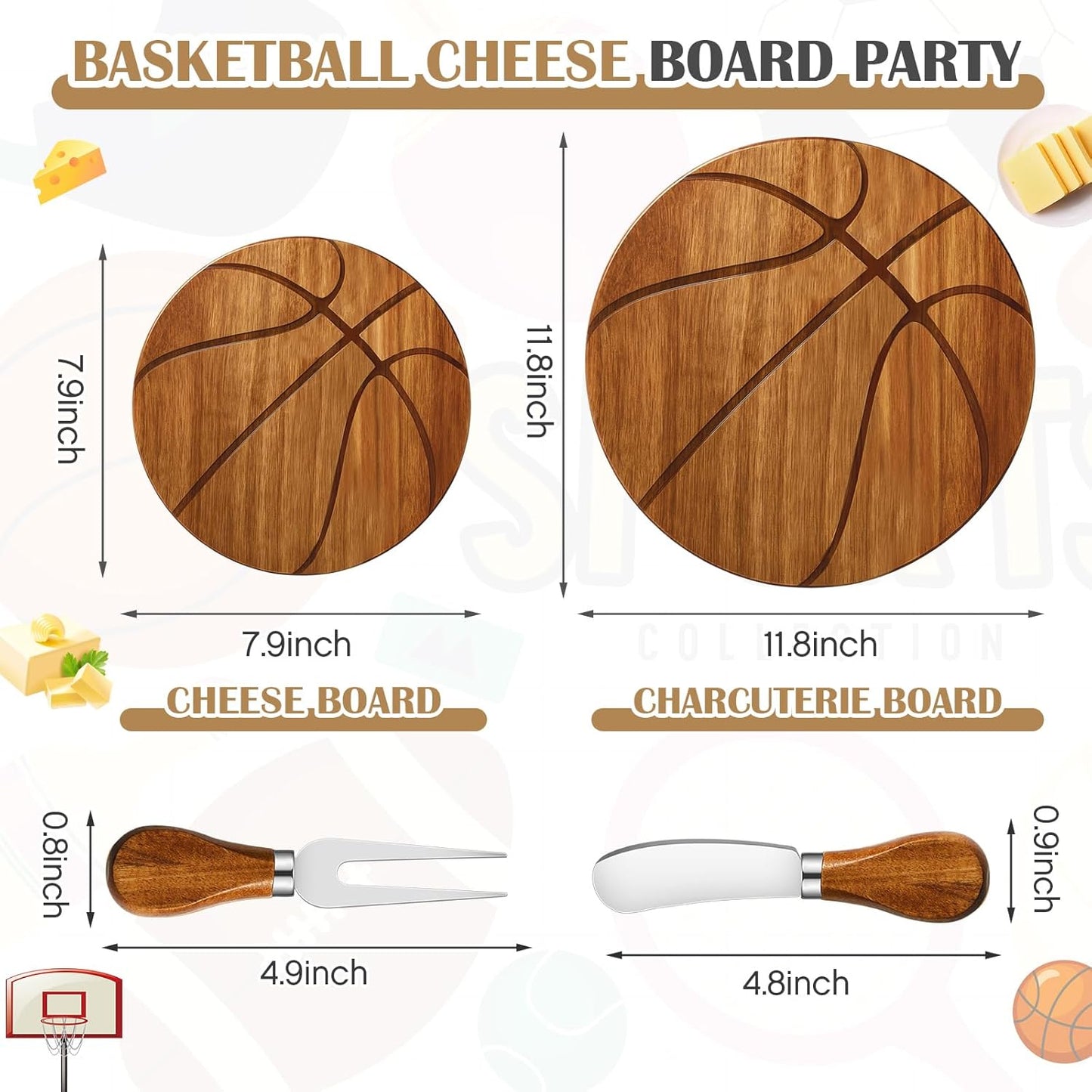 Basketball Cheese Board Gift Set Party Favor Prizes Charcuterie Wood Board with Knives and Box Father Day Gift for Dad Grandpa Party Tournament Game (Acacia Wood, Basketball)