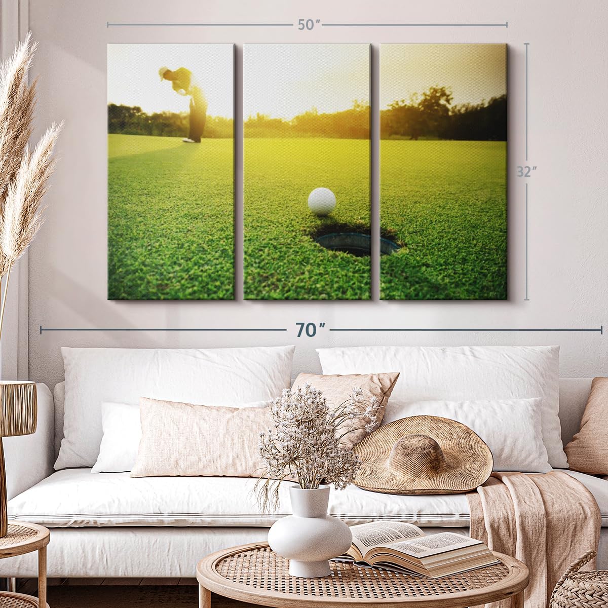 ElephantStock Golf Ball Strike Wall Art - Horizontal Canvas - 3-Piece Living Room Wall Decor - Photography Sports Canvas Print - Green and White Decor for Wall - 50" X 32"