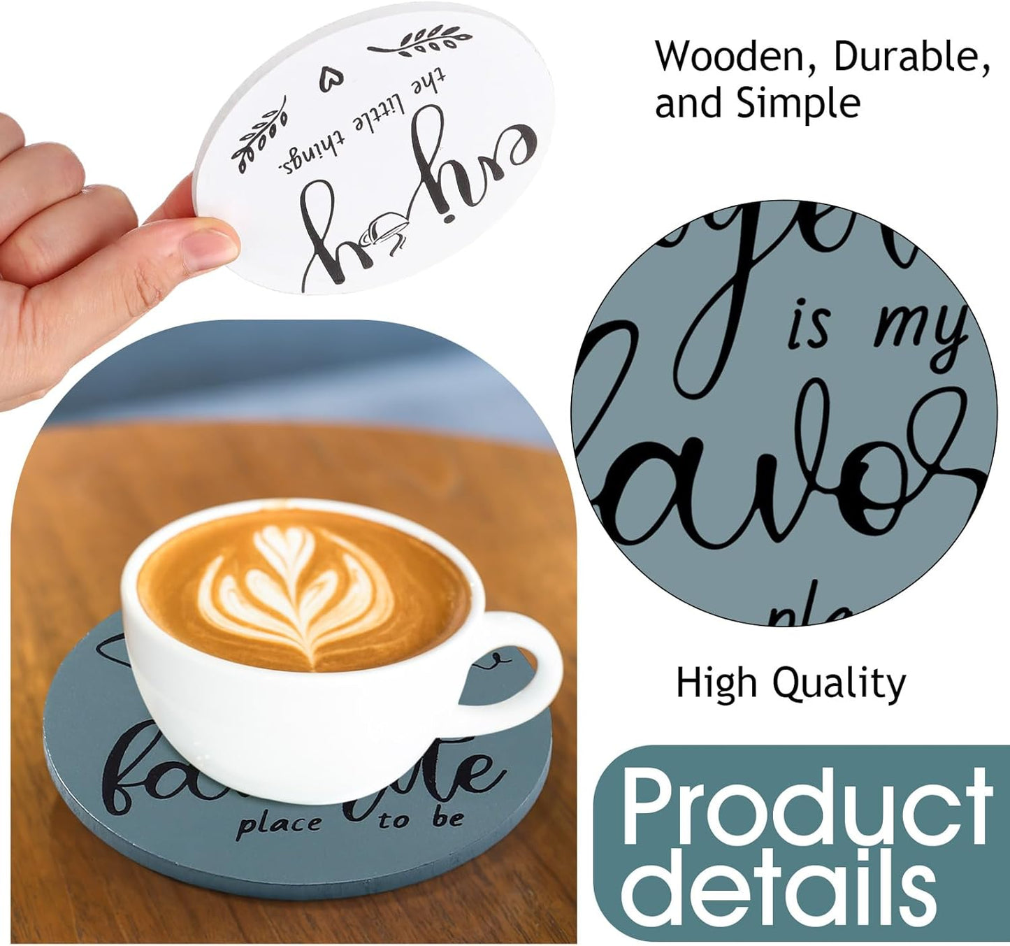 Queekay Housewarming Gifts for Home Decoration Wooden Heart Coasters for Drinks 6 Set Farmhouse Coasters with Holder Funny for Family Coffee Table Protection, 4''(Gray Blue)