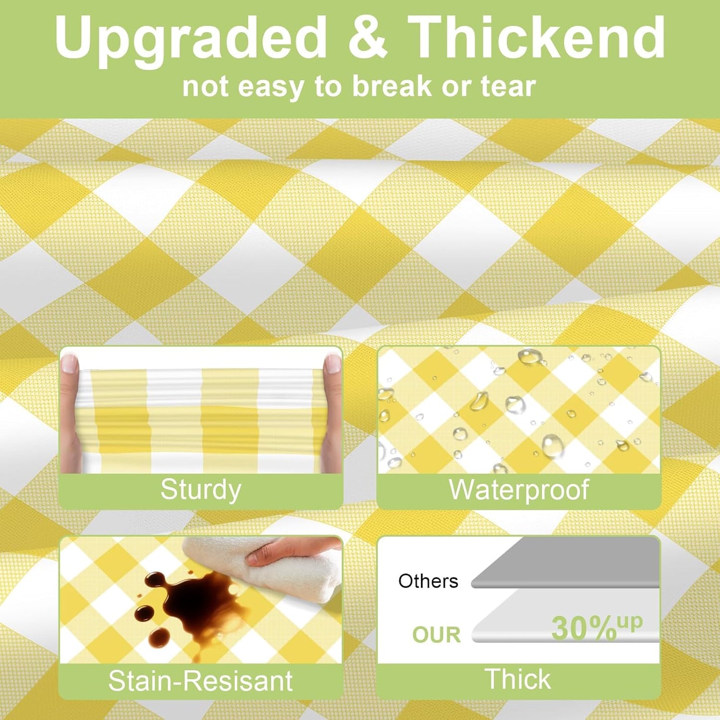 QIKSION Yellow Gingham Tablecloth Disposable 12 Pack, 54 x 108 Inch Yellow and White Checkered Table Cloth for Rectangle Tables, Plastic Table Cover