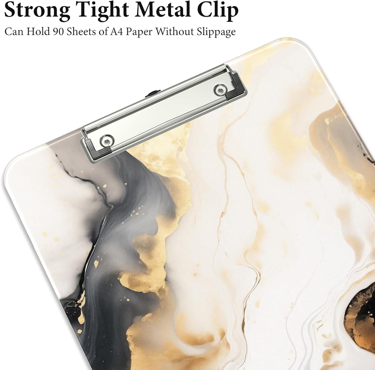 Rimilak Plastic Clipboards with Metal Clip, A4 Letter Size 9 x 12.5 in, Office Decorative for Students Women Men and Kids, Cute Custom Pattern, White Gold Marble